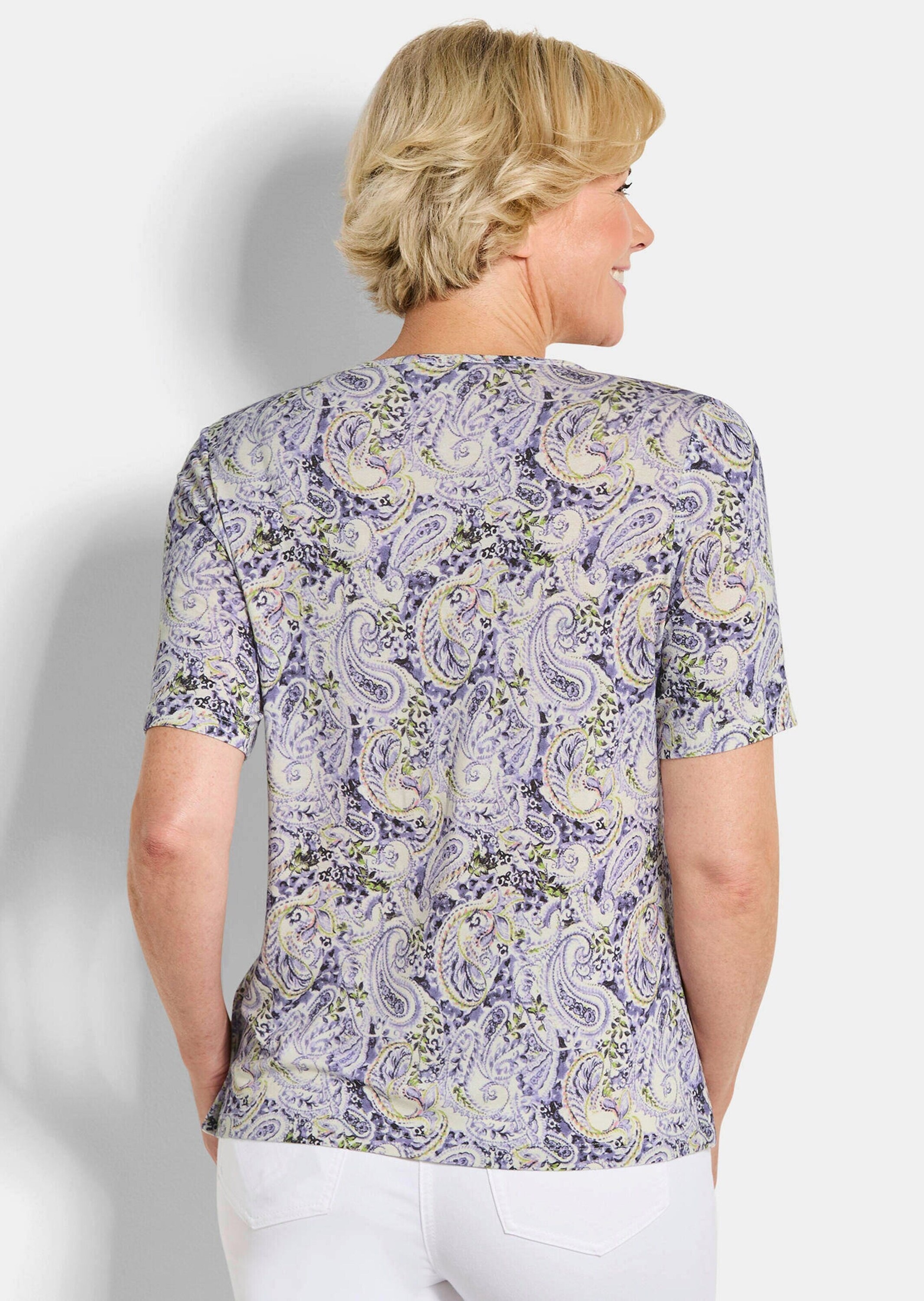 GOLDNER Print-Shirt »Kurzgröße Viskoseshirt mit Paisley-Muster« Dekorativer RV am Ausschnitt