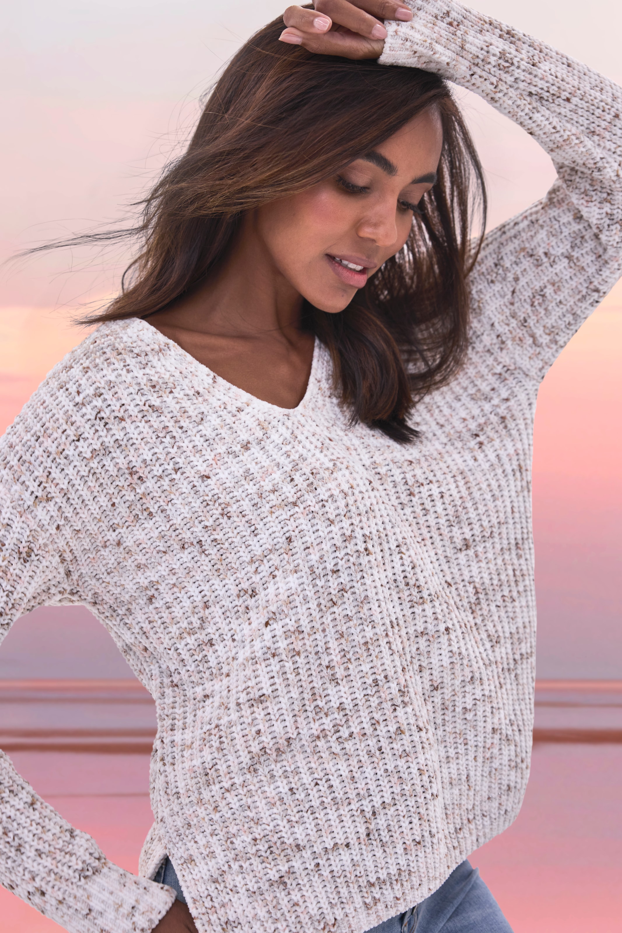 Buffalo V-Ausschnitt-Pullover aus weichem Chenille, Strickpullover, kuschelig weich