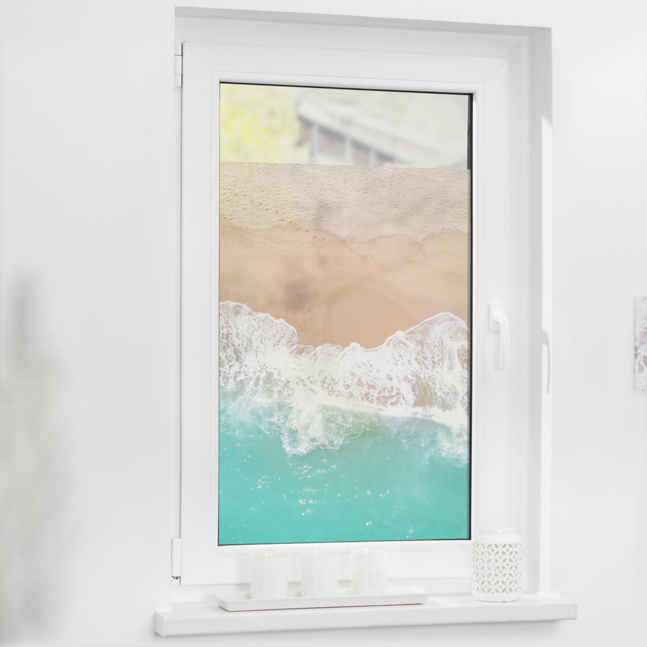 LICHTBLICK ORIGINAL Fensterfolie »Fensterfolie selbstklebend, Sichtschutz, The Beach - Türkis Beige«, 1 St., blickdicht, glattstatisch haftend