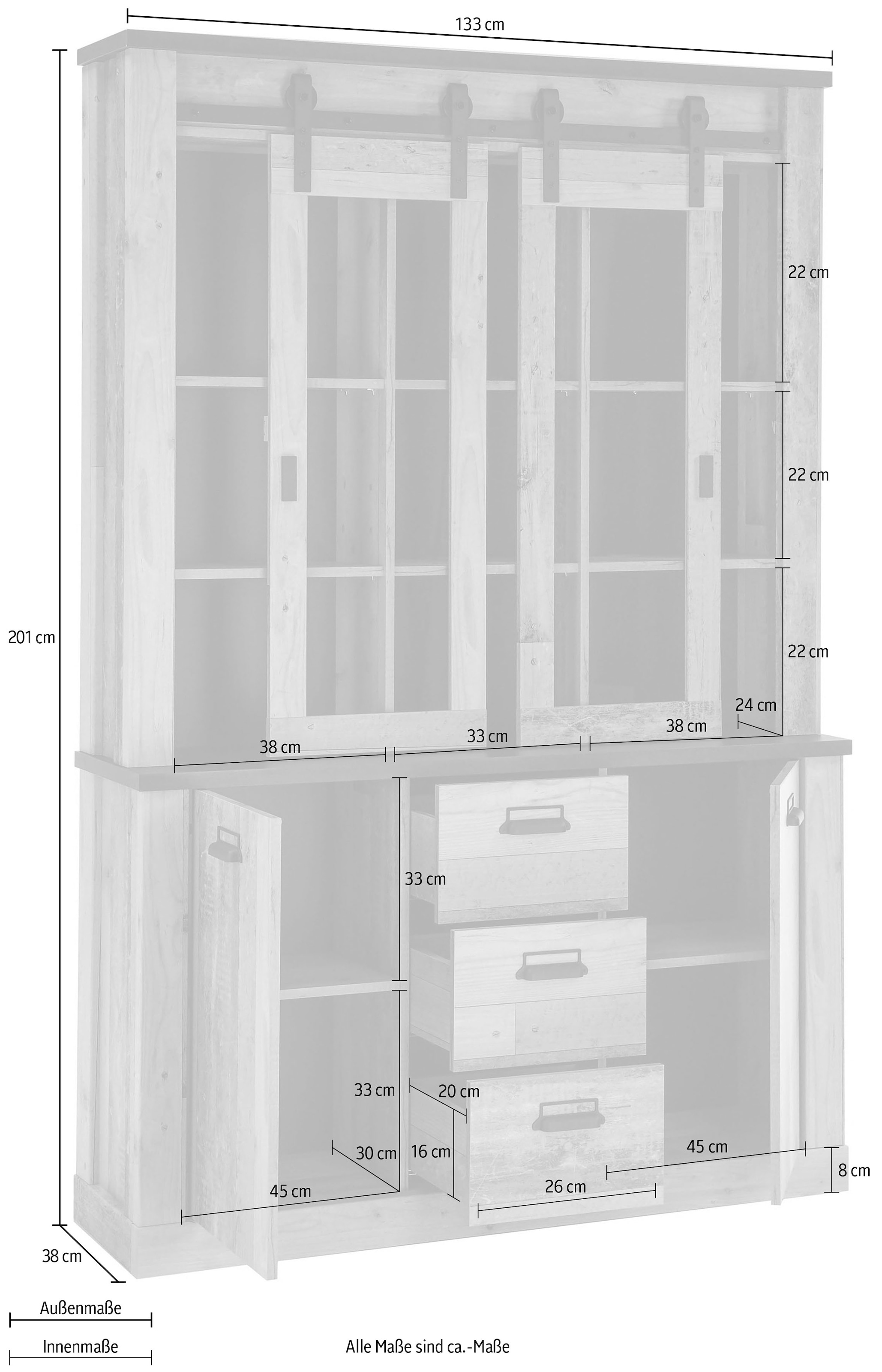 Home affaire Buffet »SHERWOOD«, Holz Dekor, mit Scheunentorbeschlag und Apothekergriffen, Breite 133cm