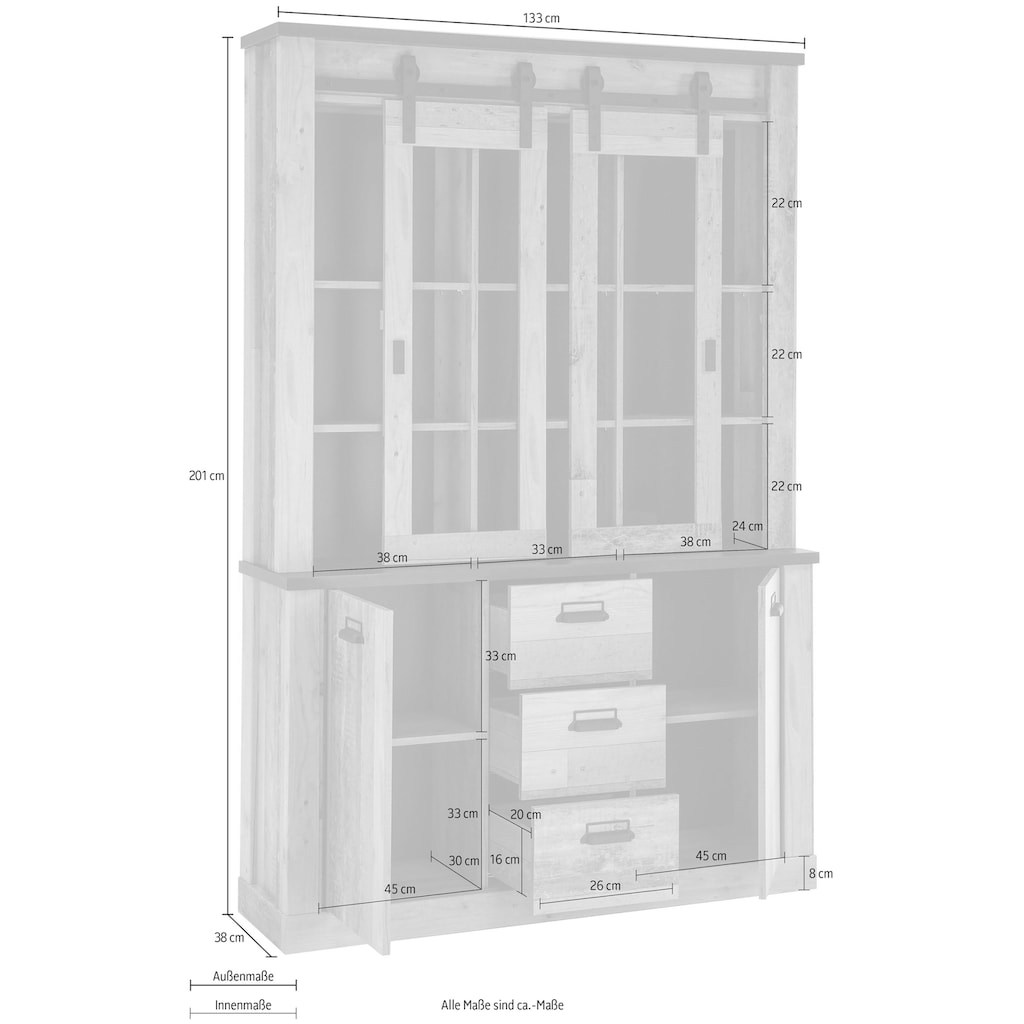 Home affaire Buffet »SHERWOOD«, Holz Dekor, mit Scheunentorbeschlag und Apothekergriffen, Breite 133cm