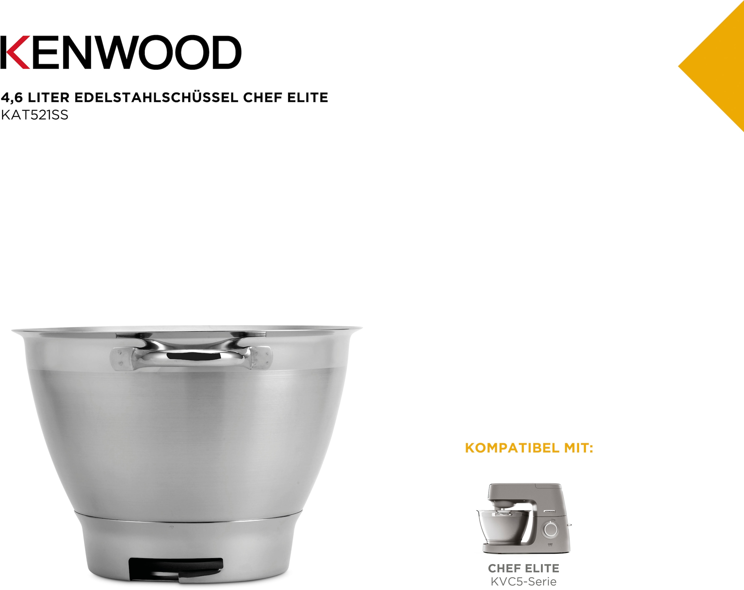 KENWOOD Küchenmaschinenschüssel »Chef Elite KAT521SS«, aus Edelstahl, geeignet für alle Chef Elite Küchenmaschinen der KVC5000 Serie
