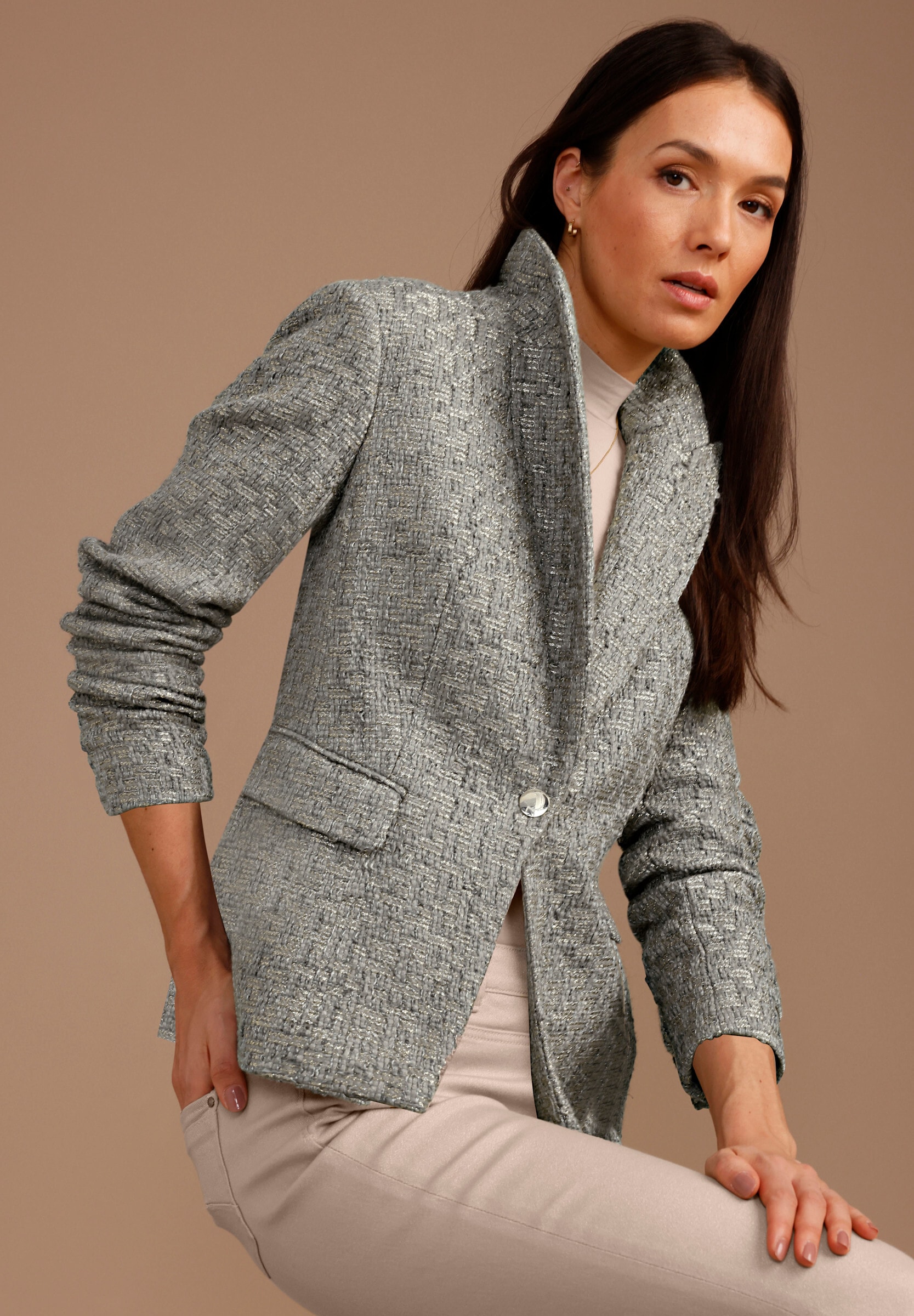 creation L Blusenblazer »Woll-Mix-Blazer Bouclé-Blazer mit schräger Kante«