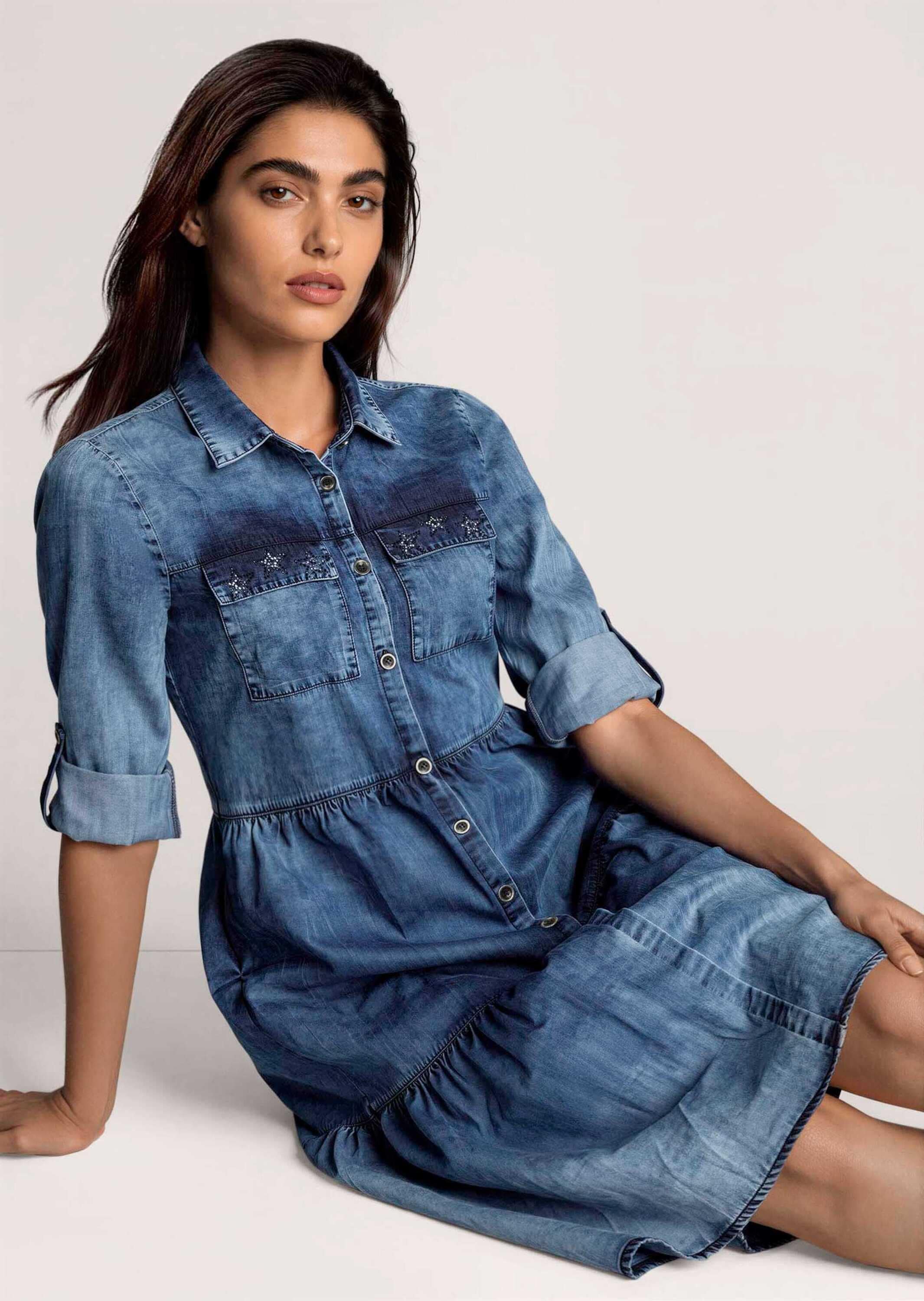 MADELEINE Midikleid »Kleid Jeanskleid mit Stufenrock« Brusttasche
