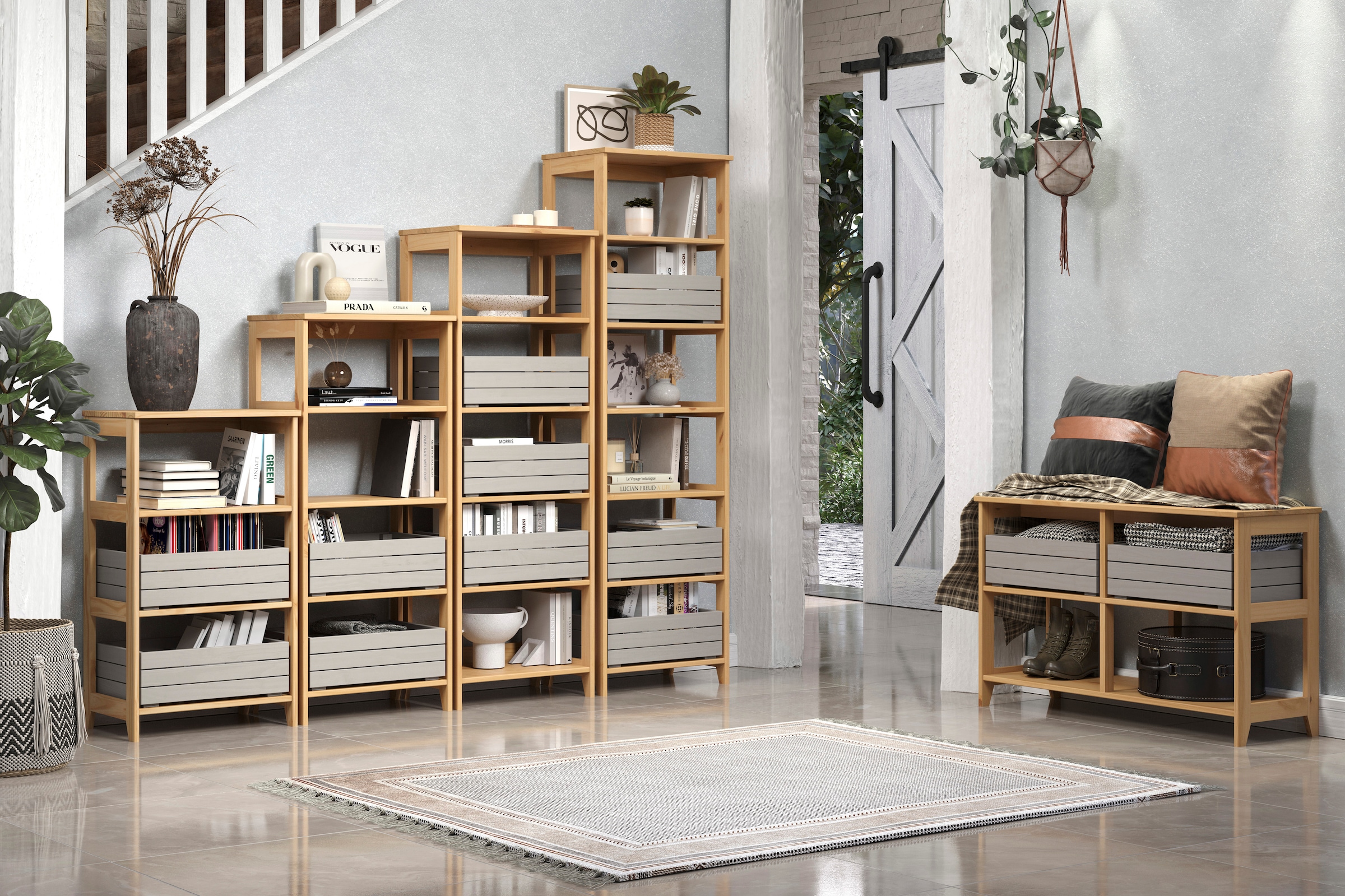 INTER-FURN Schublade »Arona Holzkisten«, (3 St.), 3er Set Massivholzkisten, Kiefer, Grau Wachs, B/H/T: 45 / 15 / 32 cm