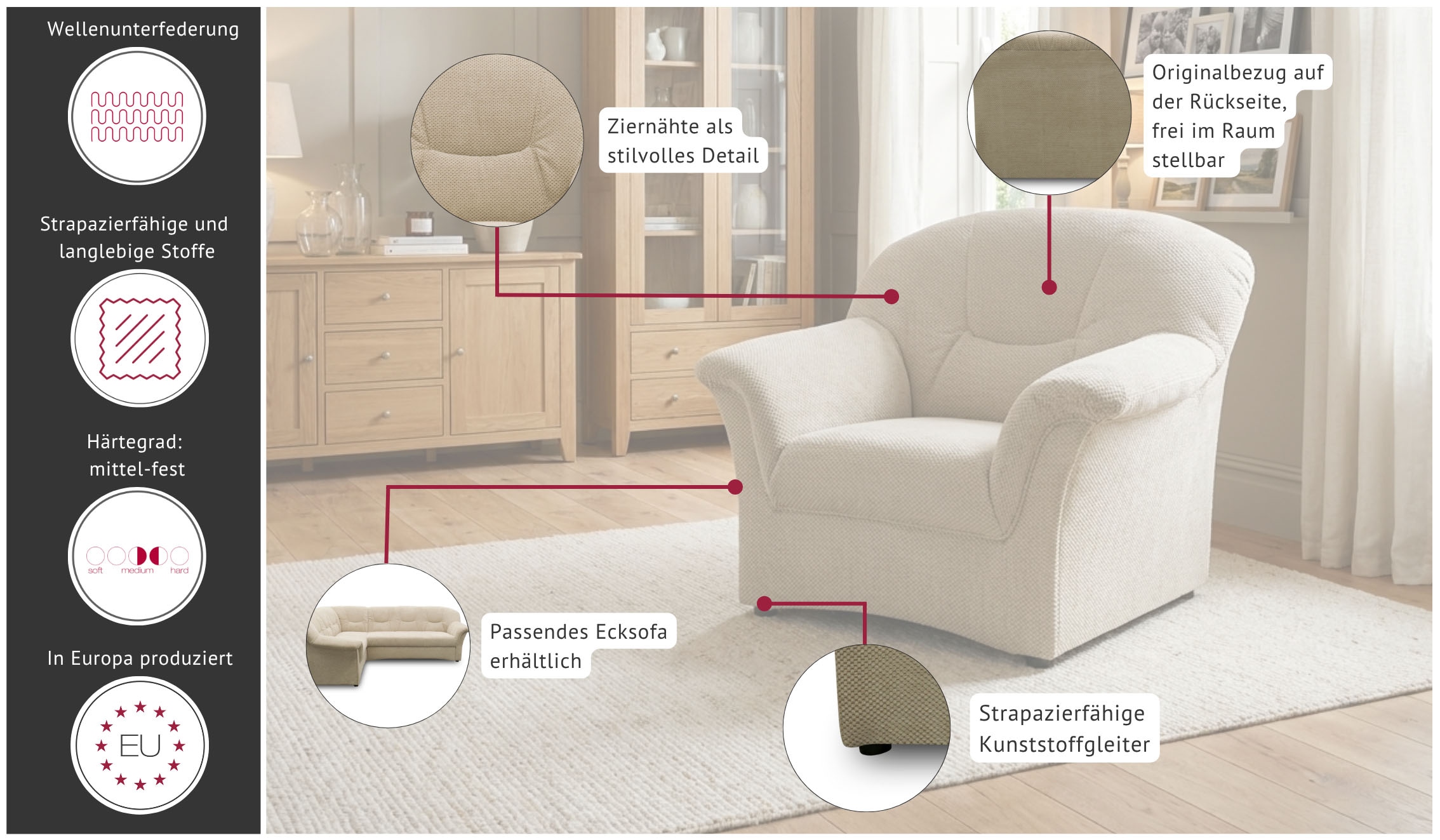 OTTO home Sessel »Langeland Sitzbreite 48 cm, besonders komfortabel durch Federkern« aus pflegeleichtem, weichem Bezug aus Luxus-Microfaser