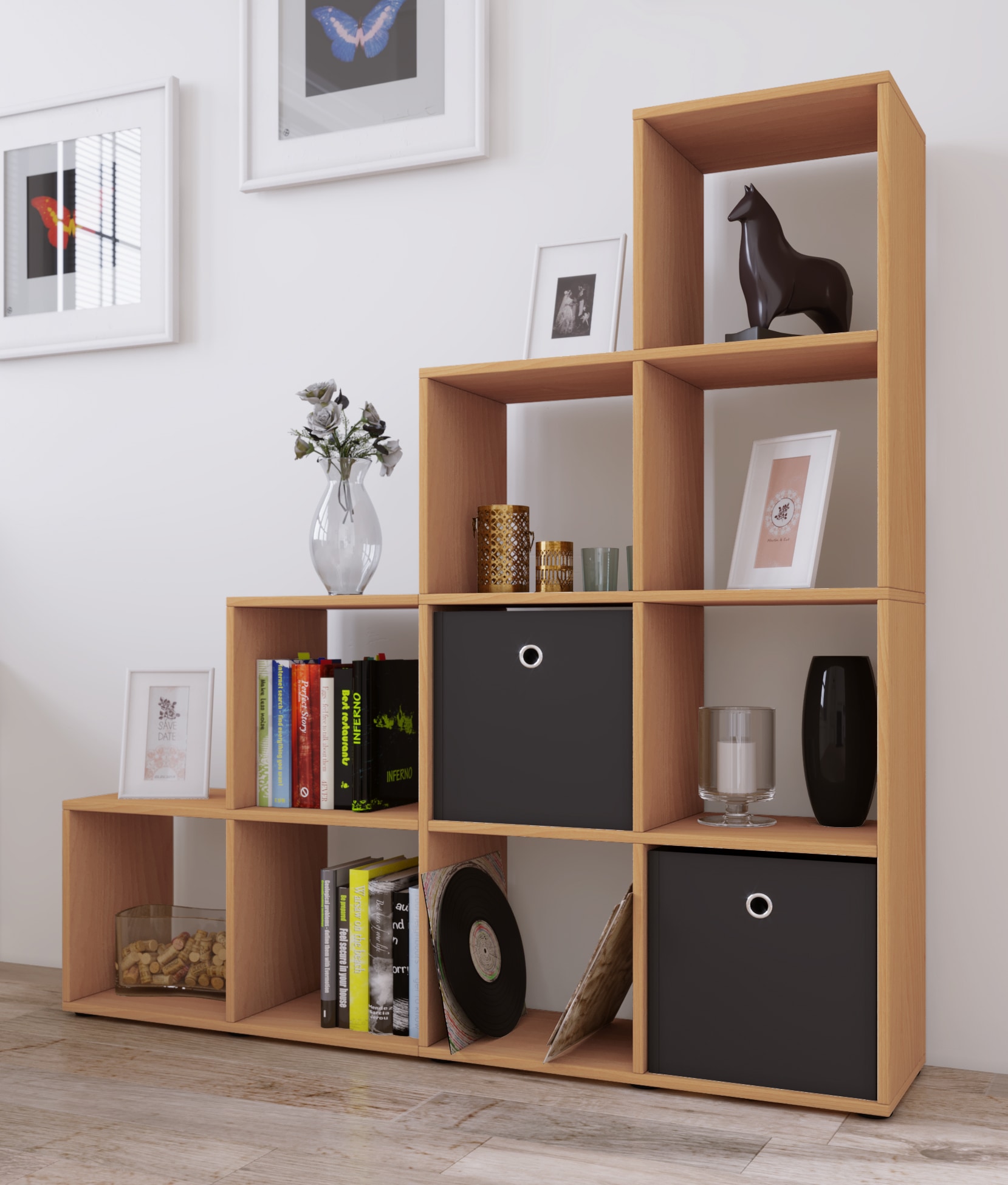 VCM Standregal »VCM Holzregal stehend | platzsparendes Regal | Maße: H. 139 x B. 143 x T. 29 cm | Elegantes Regal stehend | Aufbewahrungsregal | Bücherregal | Treppenregal - Napoli«