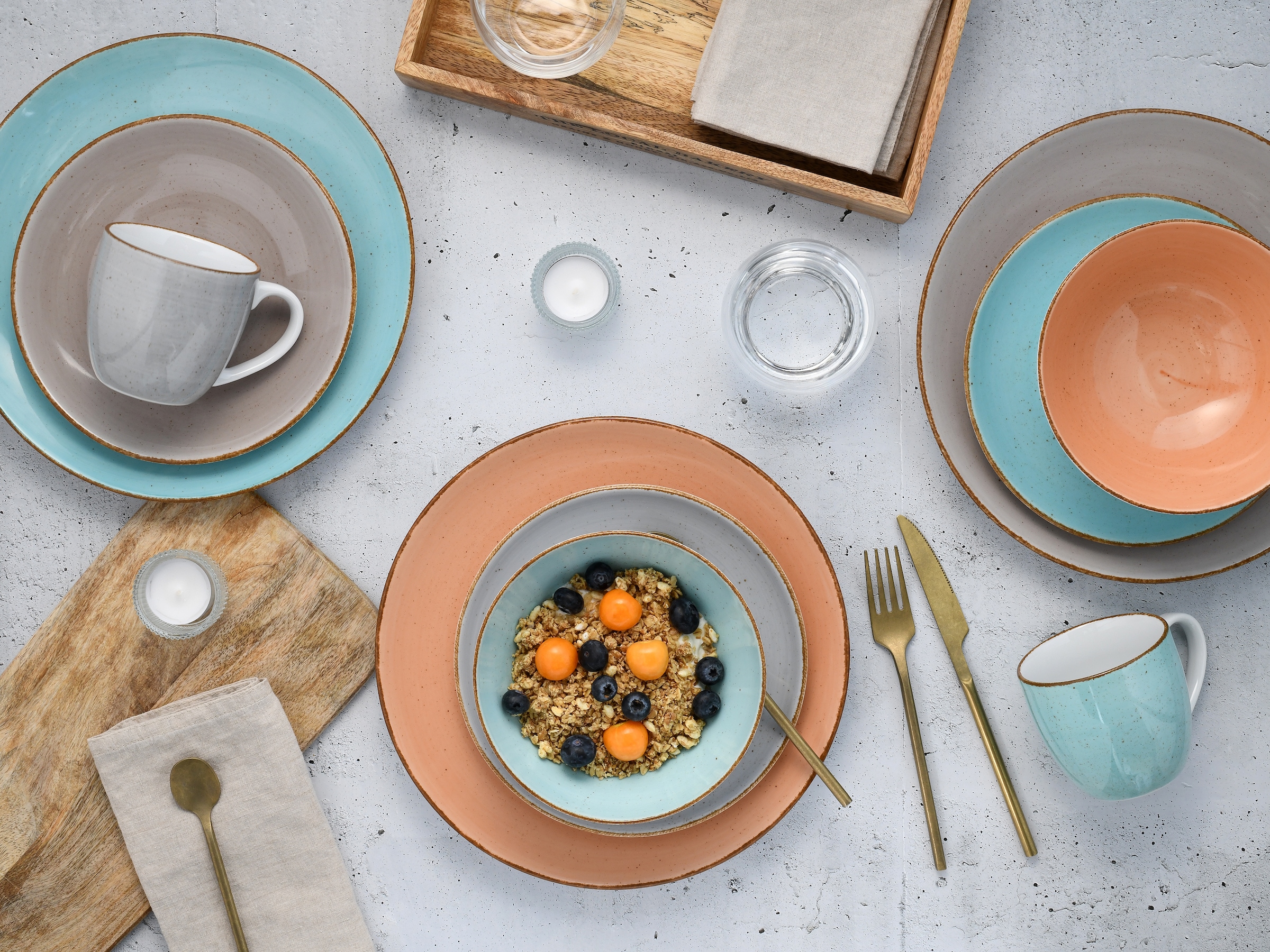CreaTable Kombiservice »Geschirr-Set VINTAGE NATURE«, (Set, 16 tlg., Kaffeeservice und Tafelservice im Set, für 4 Personen), Service, handgemalt, gesprenkelt, 16 Teile, für 4 Personen