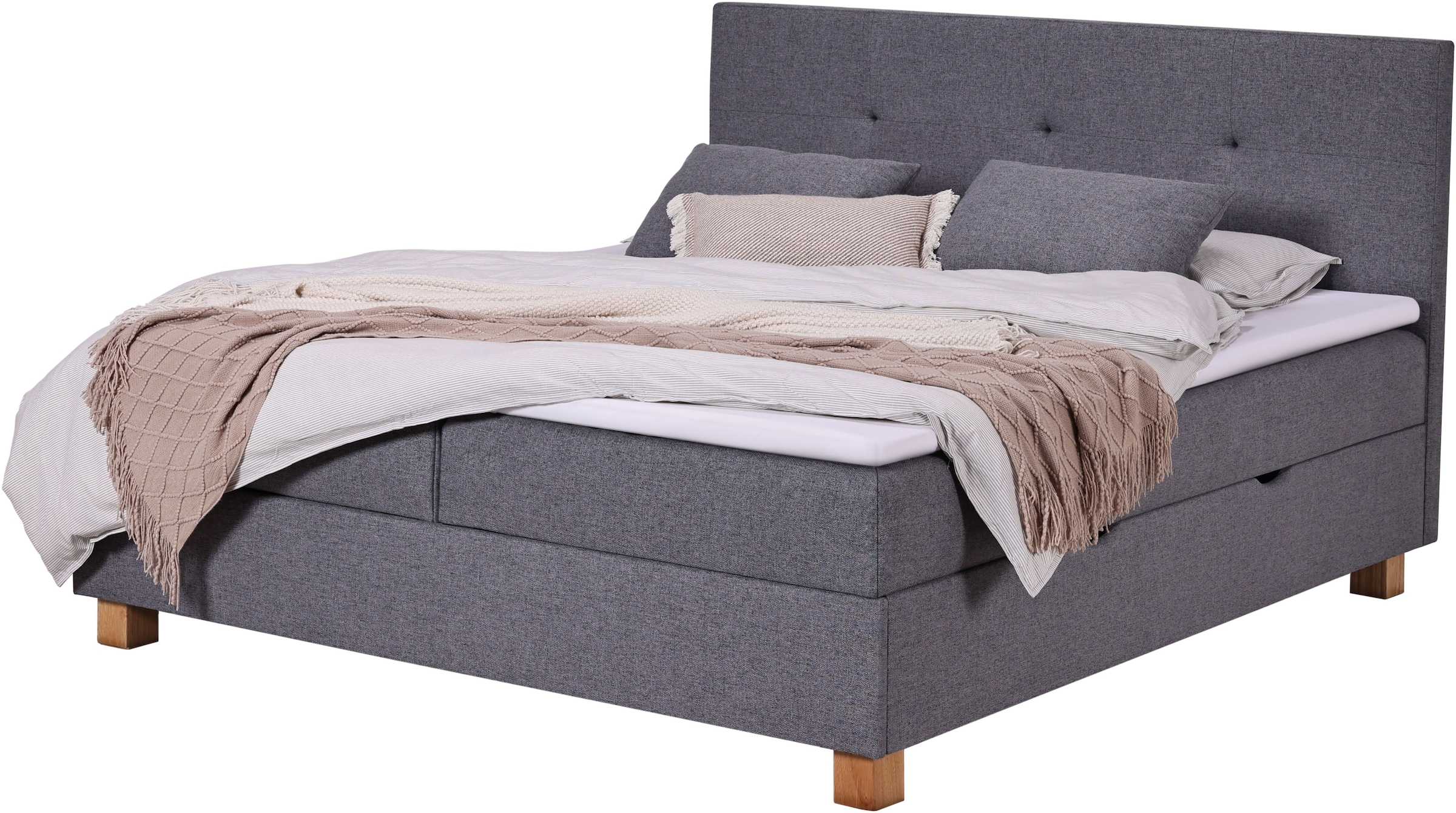 Home affaire Boxbett »Oyré inkl. Bettkasten, Topper und 2 gratis Kissen, 180x200 cm« mit Holzfüße in eichefarben