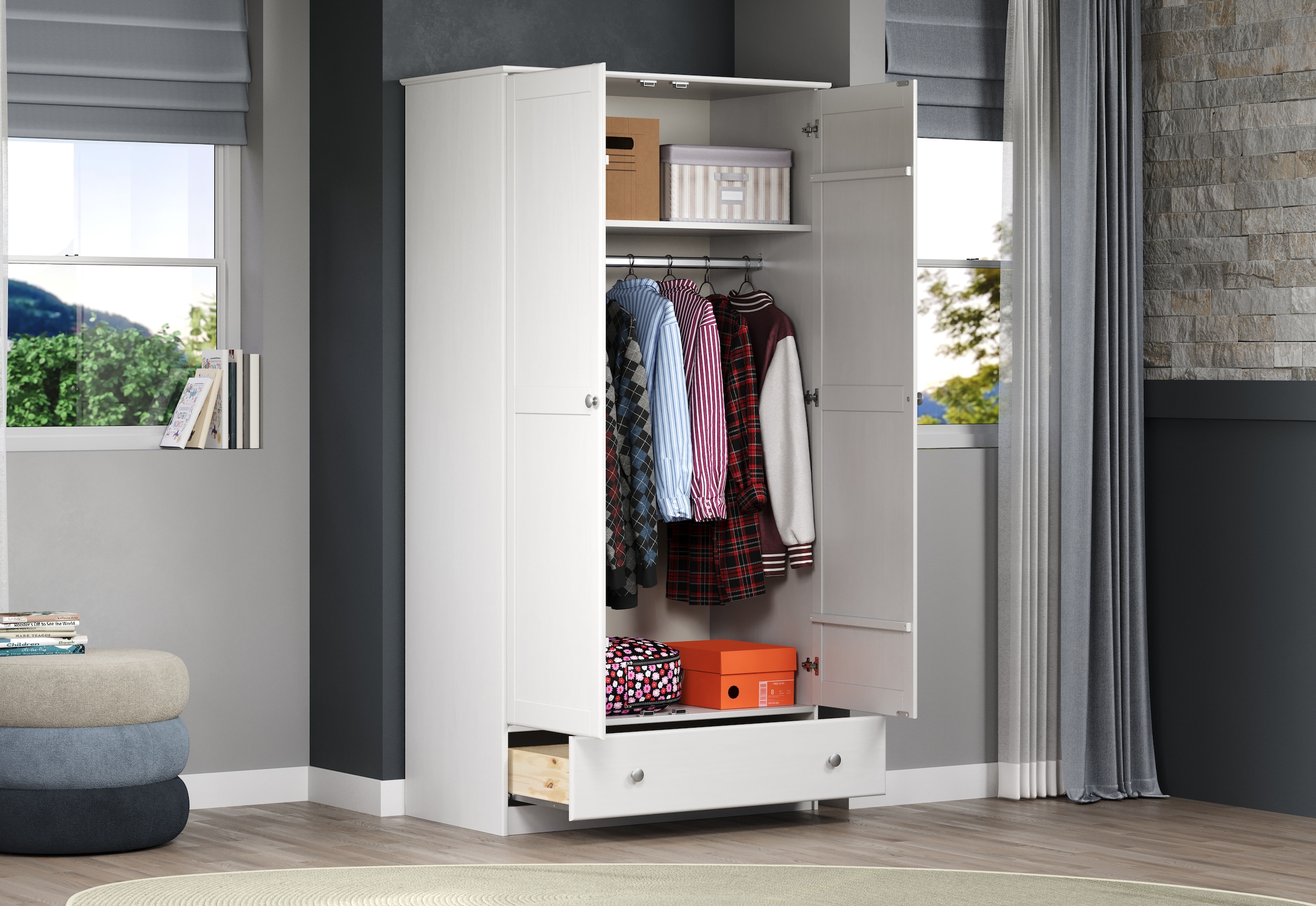 Home affaire Kleiderschrank »Delsbo Garderobenschrank Wäscheschrank Schlafzimmer Massivholz«, (1 St., Bestseller Schrank in Landhaus Design), Drehtürenschrank aus Kiefernholz - mit Schublade und Kleiderstange