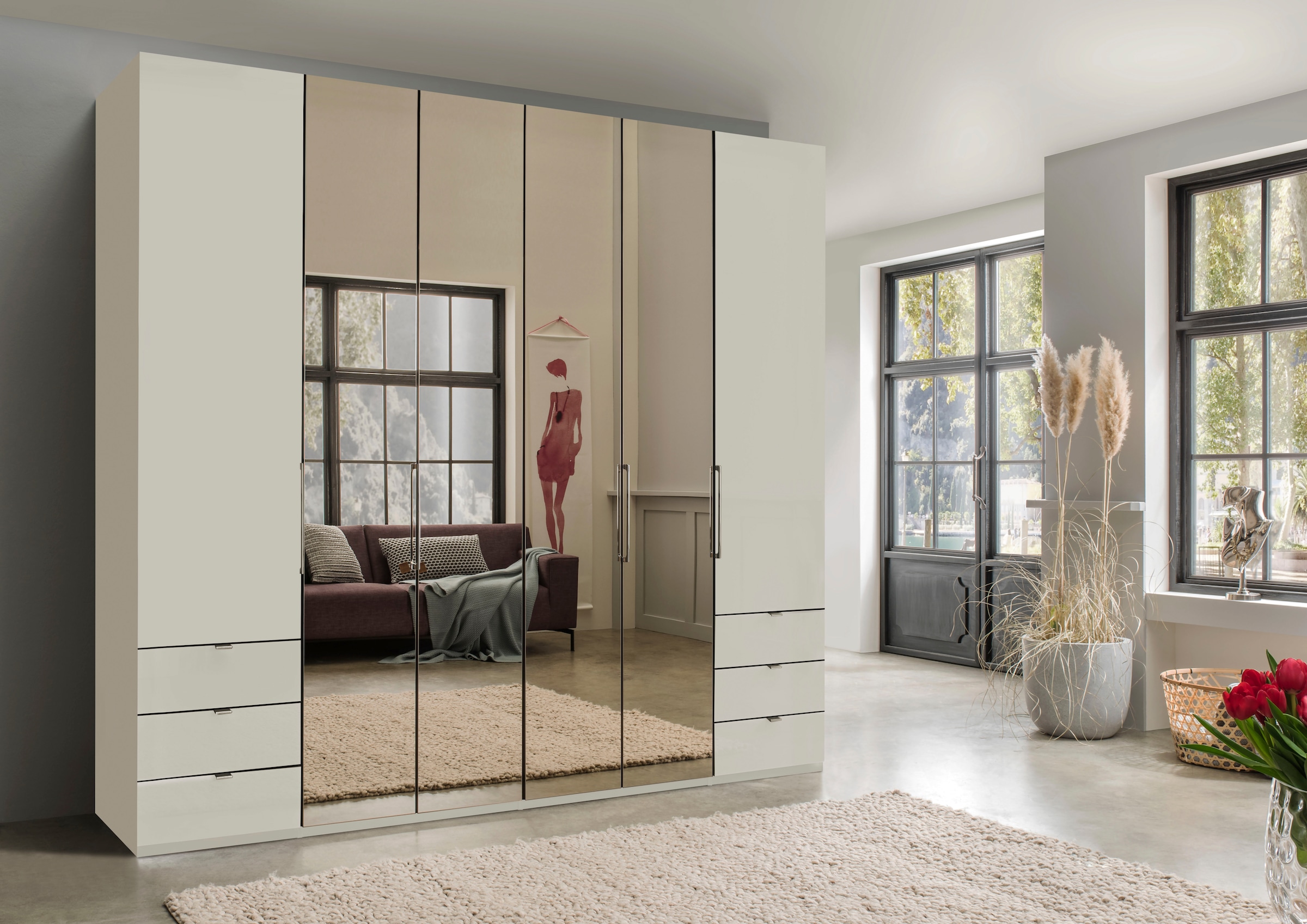WIEMANN Falttürenschrank »Kansas, Kleiderschrank, Schrank, Wäscheschrank, mit Glas und Spiegel«, (2 Breiten, MADE IN GERMANY), inkl. gepämpften Schubkästen und Türen, mit Panoramaöffnung