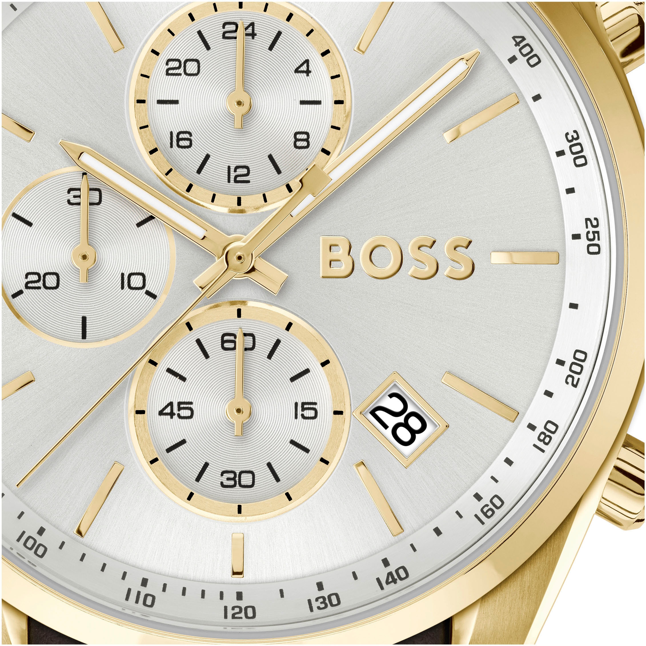 BOSS Chronograph »GRAND PRIX 44«, Quarzuhr, Armbanduhr, Herrenuhr, Lederarmband, analog, Tag