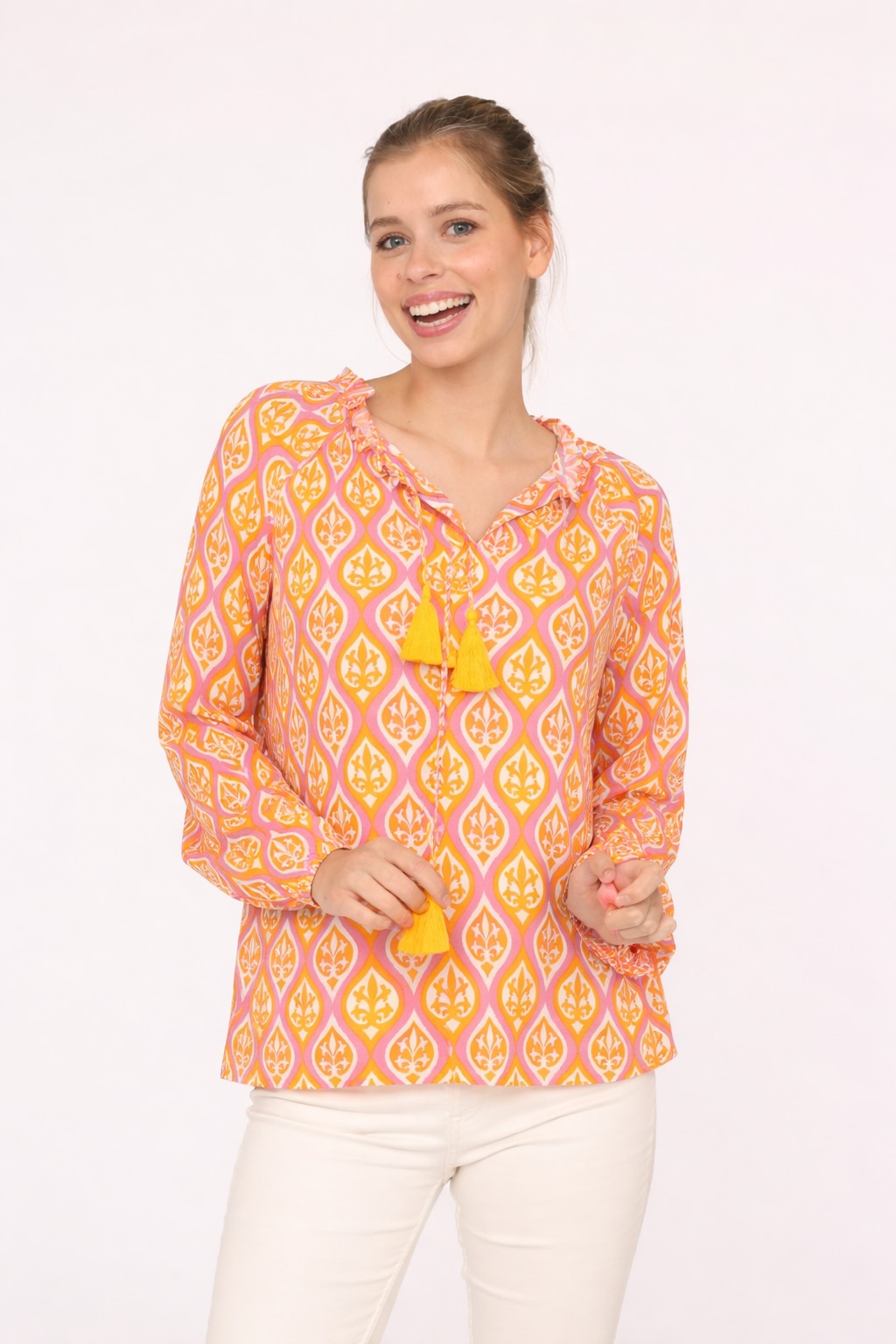 Zwillingsherz Schlupfbluse »"Ovale Ranken"« Bindeband mit Tasseln, Langarm, V-Ausschnitt, Viskose