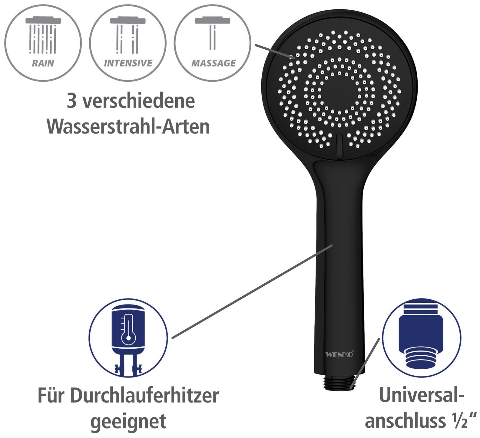 WENKO Handbrause »Watersaving«, (1 tlg.), Schwarz matt, Ø 9,5 cm