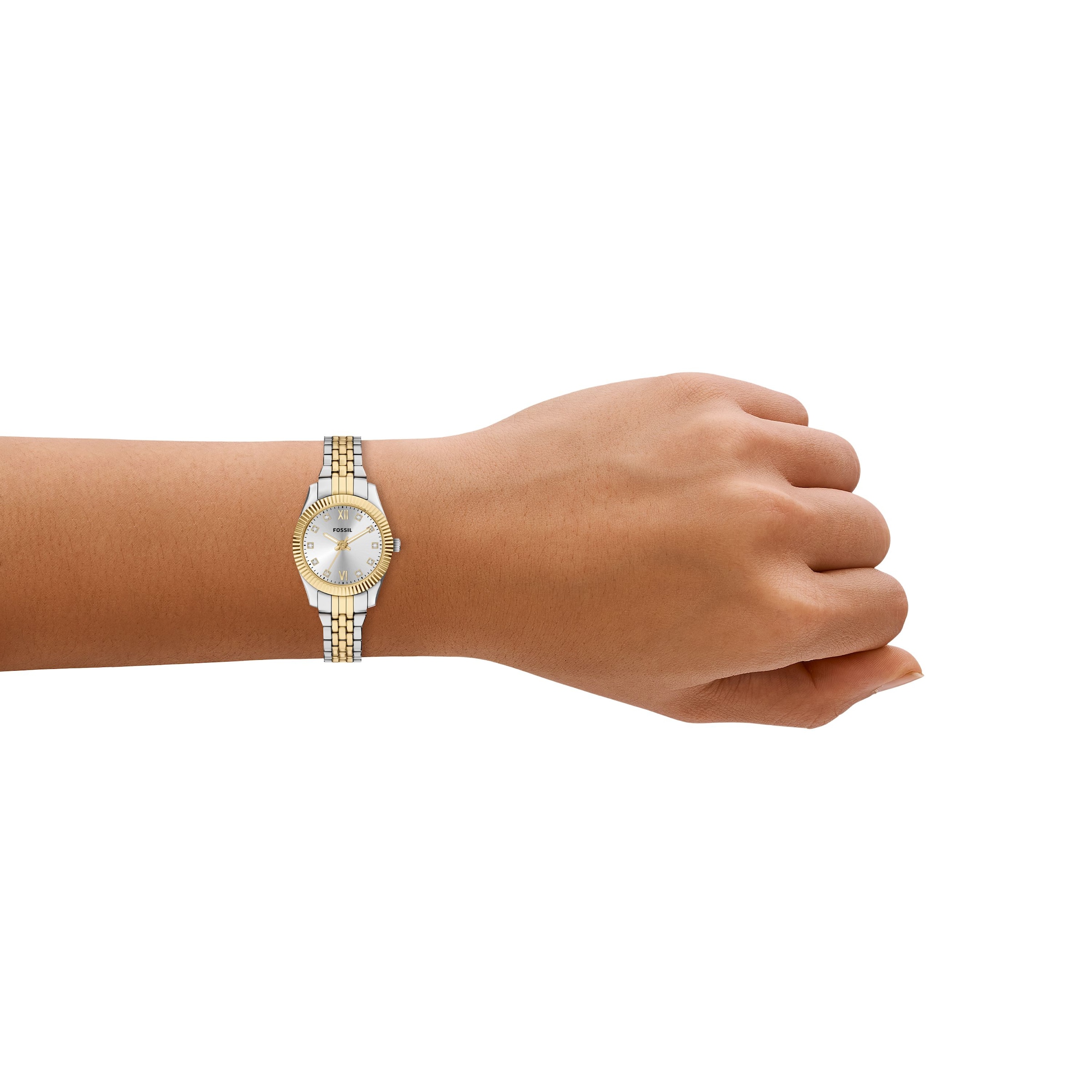 Fossil Quarzuhr »Scarlette« Armbanduhr, Damenuhr, Edelstahlarmband, analog, Glassteine