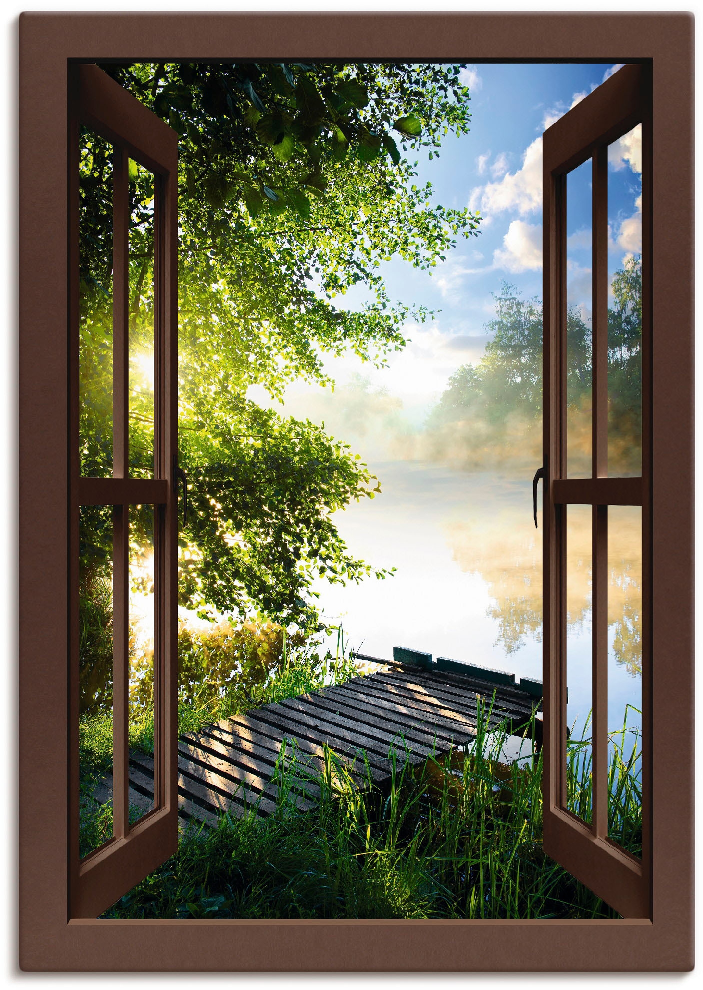 Artland Wandbild »Fensterblick Angelsteg am Fluss«, Fensterblick, (1 St.),  als Alubild, Leinwandbild, Wandaufkleber oder Poster in versch. Größen  online bei OTTO