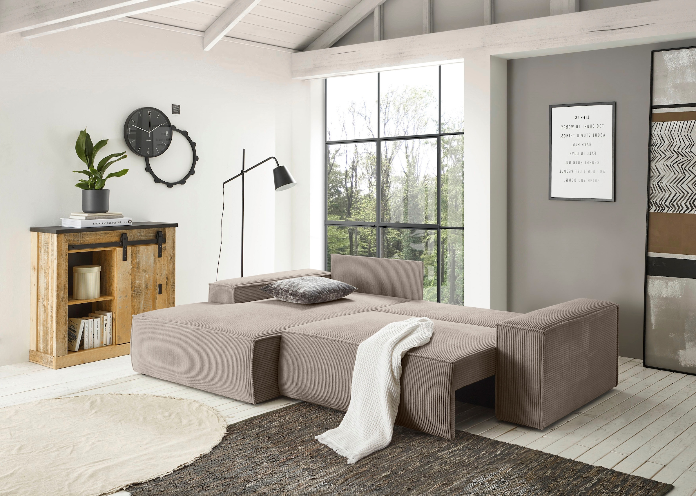 Home affaire Ecksofa »SHERWOOD Schlafsofa 267 cm, L-Form,«, Schlaffunktion mit Bettkasten (210x136 cm), Cord, Vintage, Samtvelours