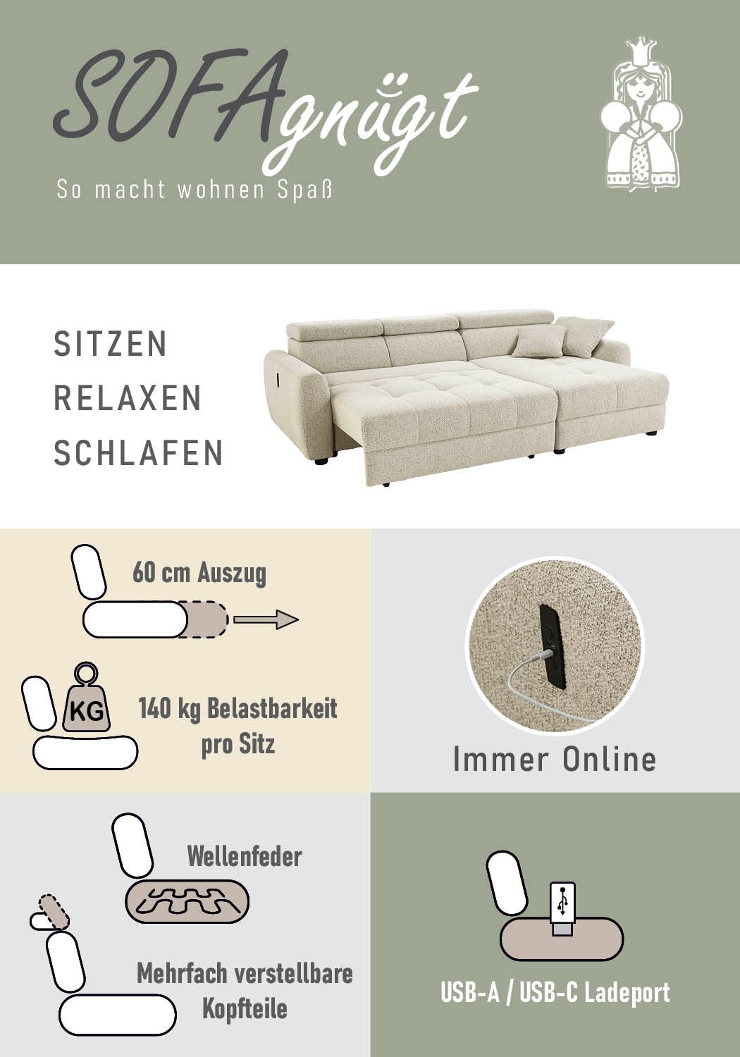 Jockenhöfer Gruppe Ecksofa »Move L-Form, B: 270 cm, mit 60 cm elektr. Sitztiefenverstellung« 140kg Belastbarkeit je Sitz, Kopfteilverstellung & USB-Anschluss