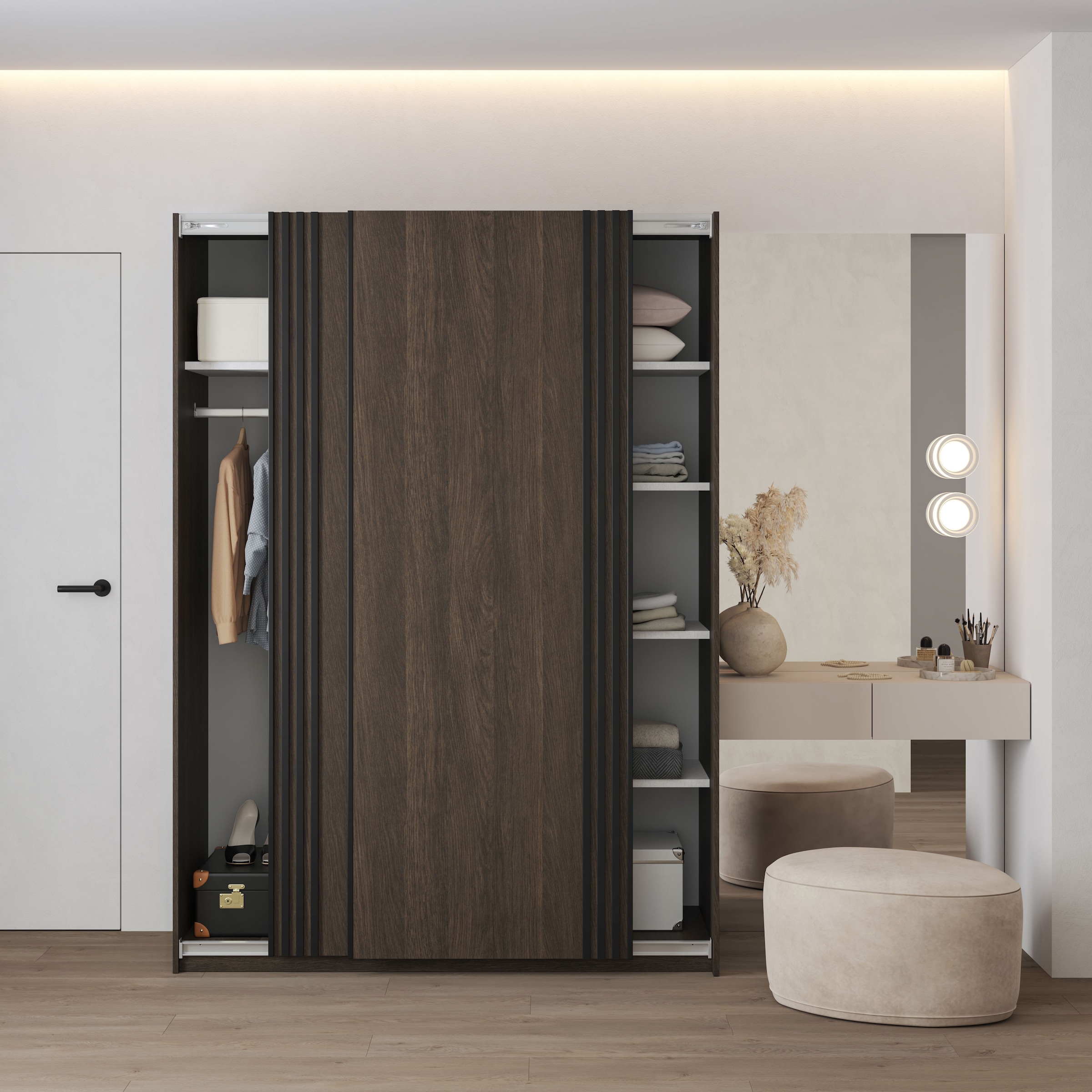 Home affaire Schwebetürenschrank »Niva, Garderobenschrank incl.kompletter Innenausstattung«, Moderner Kleiderschrank, Schiebetürenschrank, Lamellen, Wäscheschrank