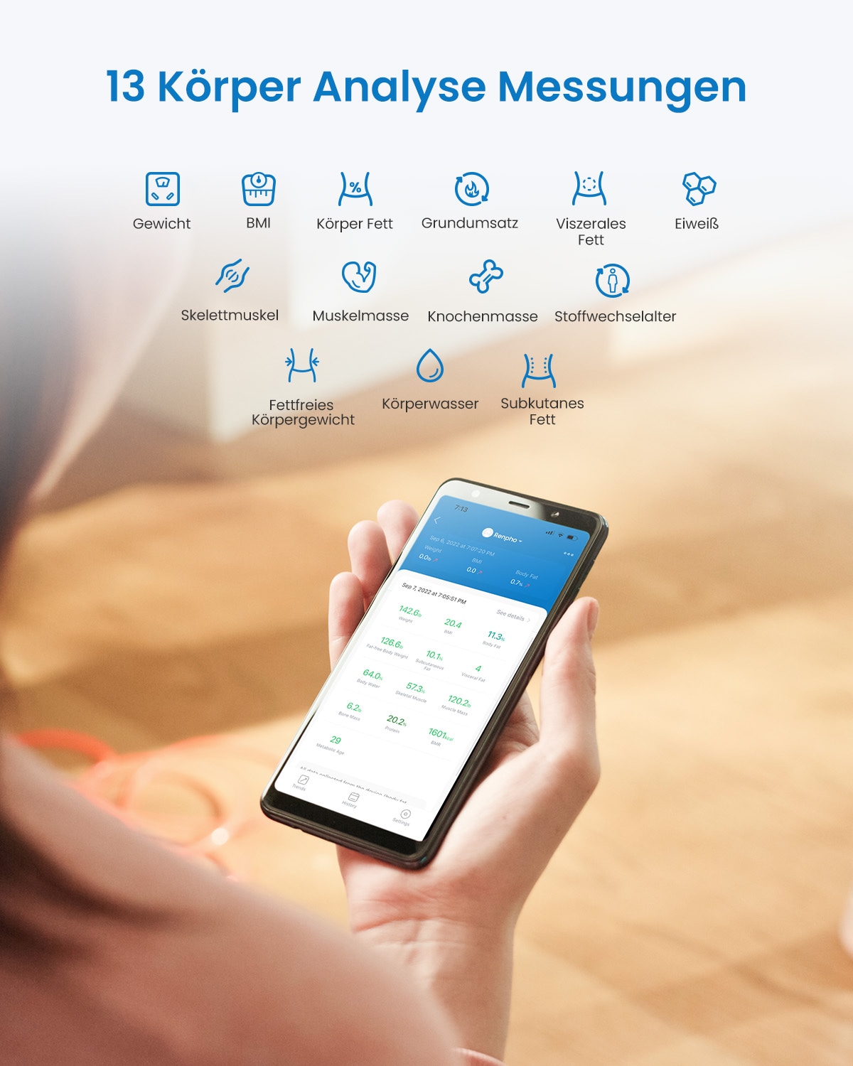 Renpho Körper-Analyse-Waage »Elis Solar 2 Smart Body Scale A020«, Smarte Solar-Körperanalysewaage mit 13 Körpermessungen