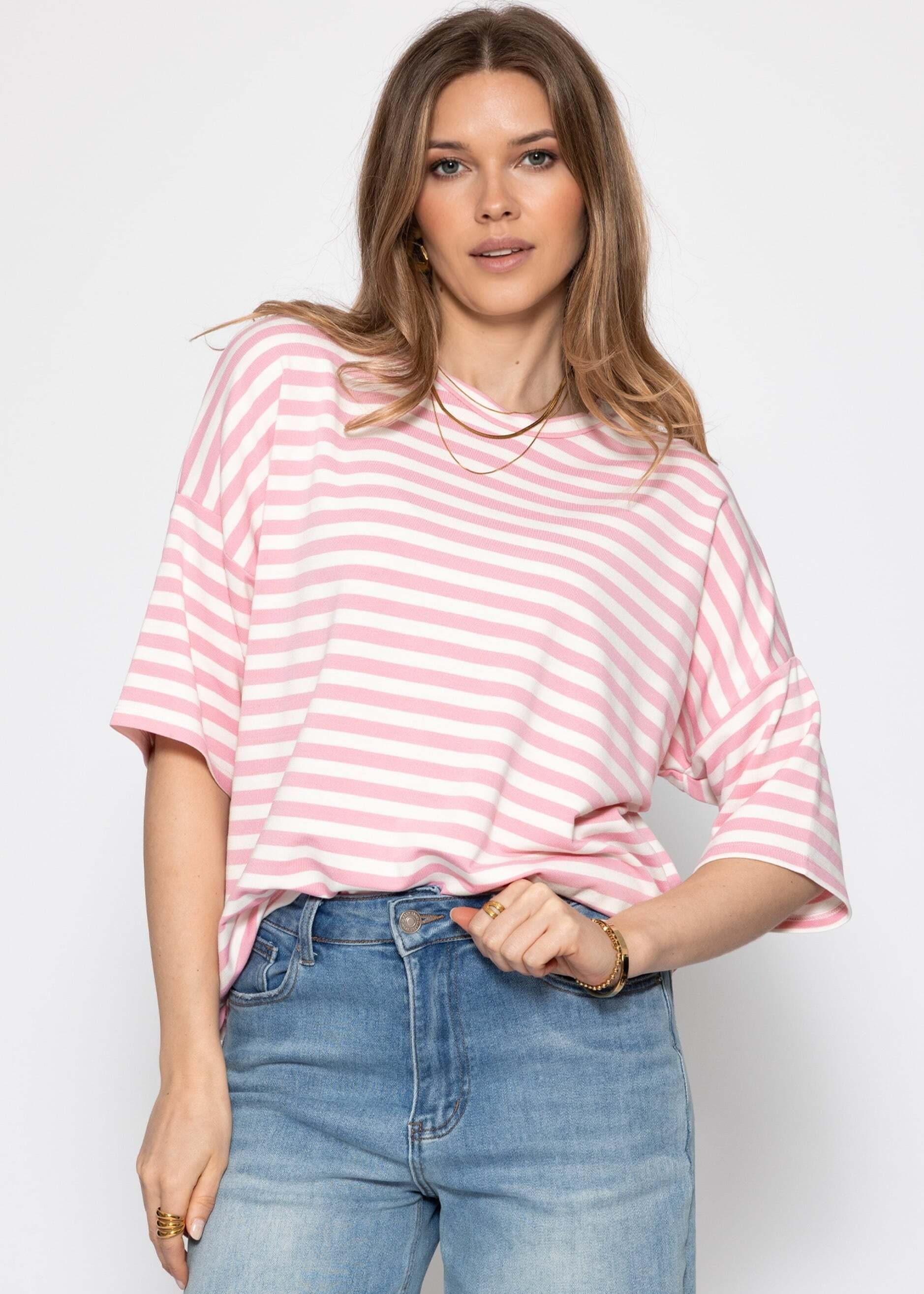 SASSYCLASSY Oversize-Shirt »Oversize T-Shirt mit Streifen« Lässiges Shirt mit Rundhalsausschnitt und weiten Ärmeln Rosa Weiß