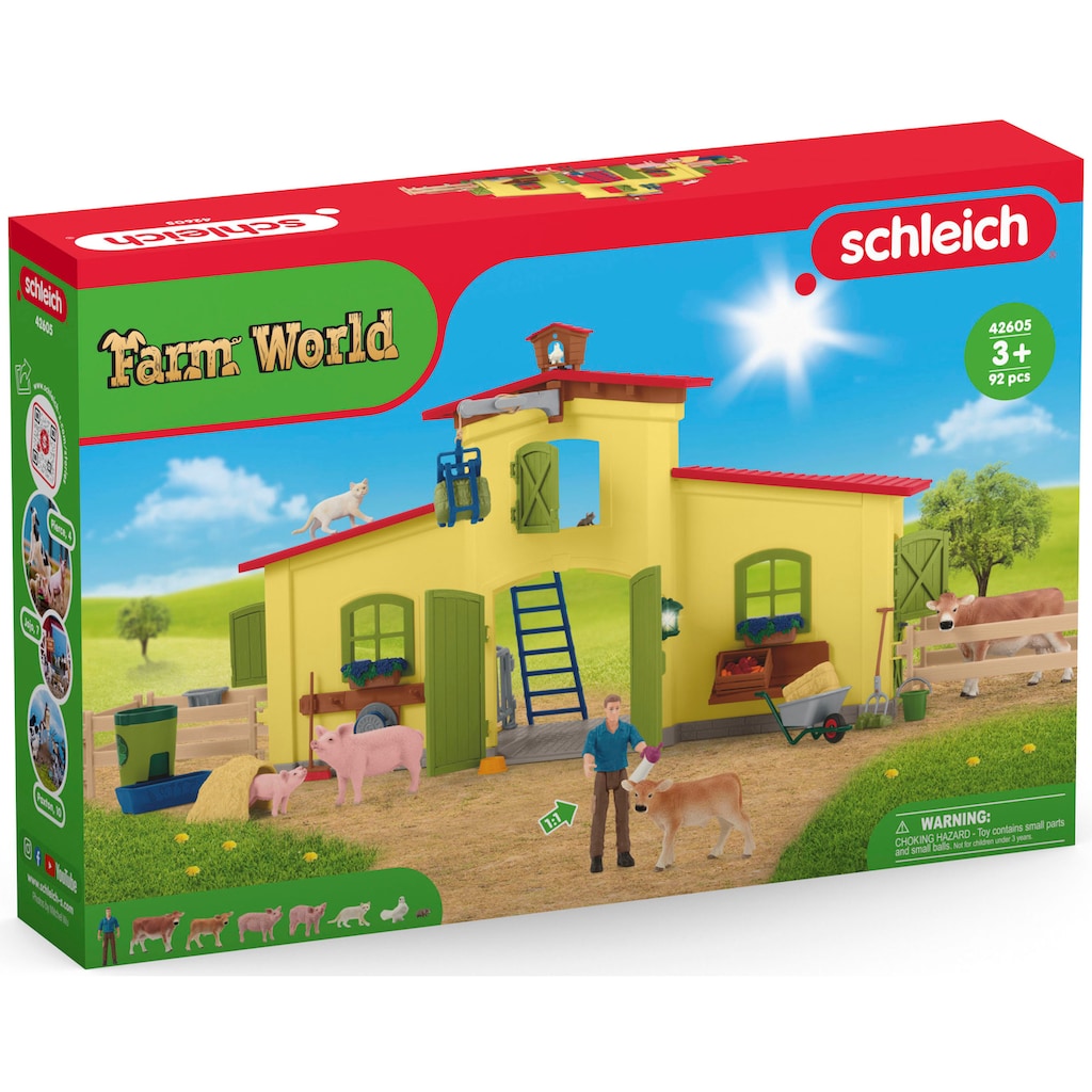 Schleich® Spielwelt »FARM WORLD, Großer Stall mit Tieren und Zubehör (42605)«