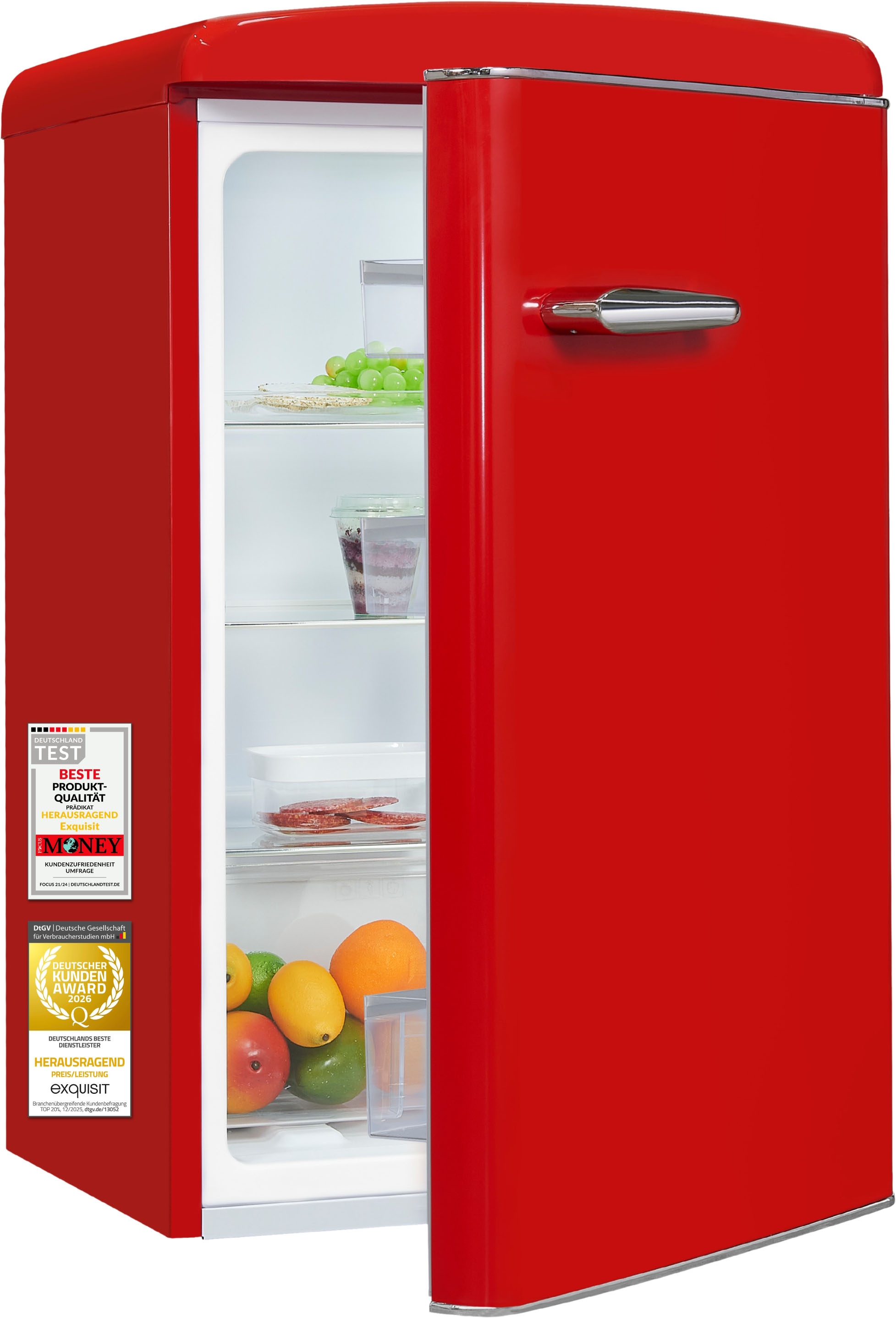 exquisit Kühlschrank »RKS120-V-H-160C rot« 89,5 cm hoch 54,5 cm breit LED-Beleuchtung, verstellbare Glasböden, Retro-Design
