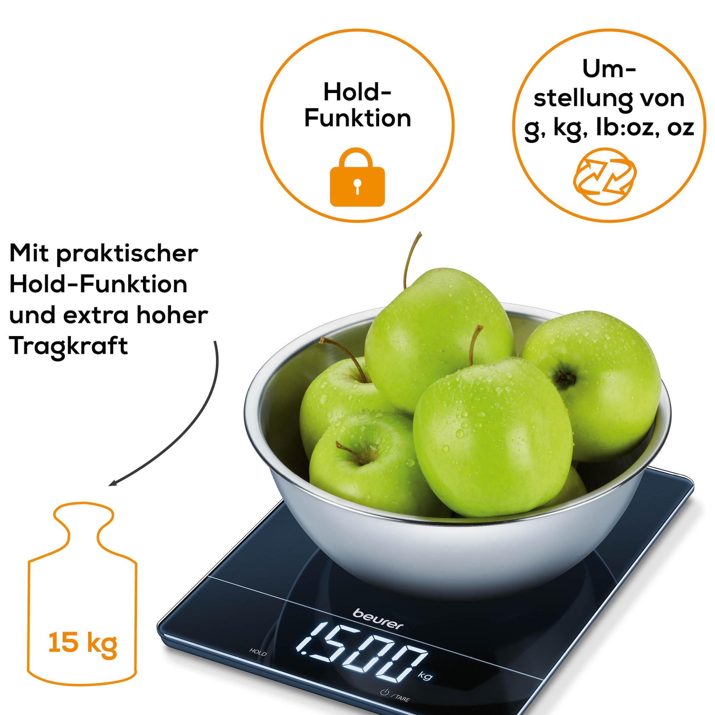 BEURER Küchenwaage »KS 34 mit Tara-Zuwiegefunktion«, Mit modernen Sensortasten, Display erscheint nur während Messung