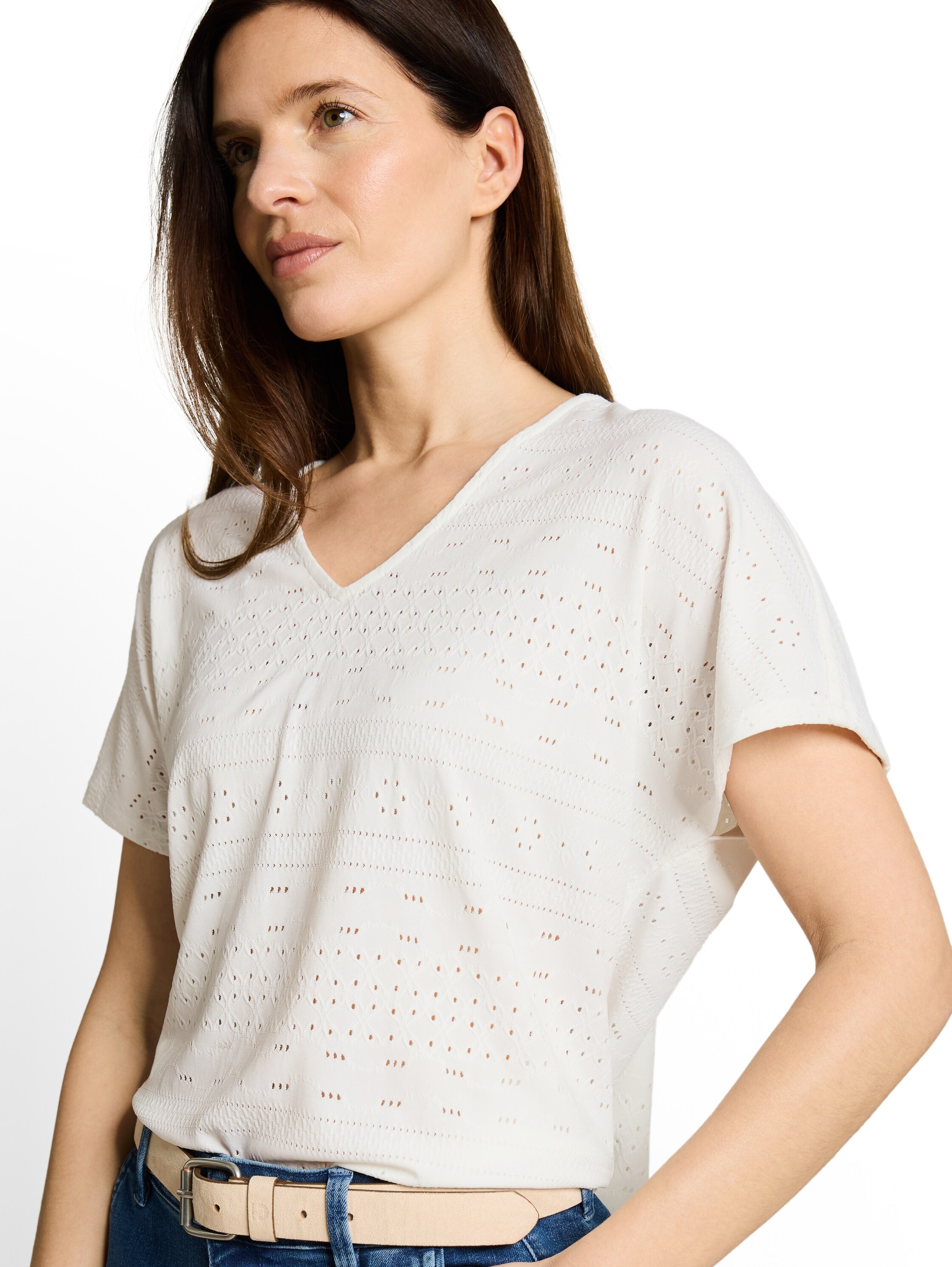 TOM TAILOR V-Shirt im Loch/Häkel-Design