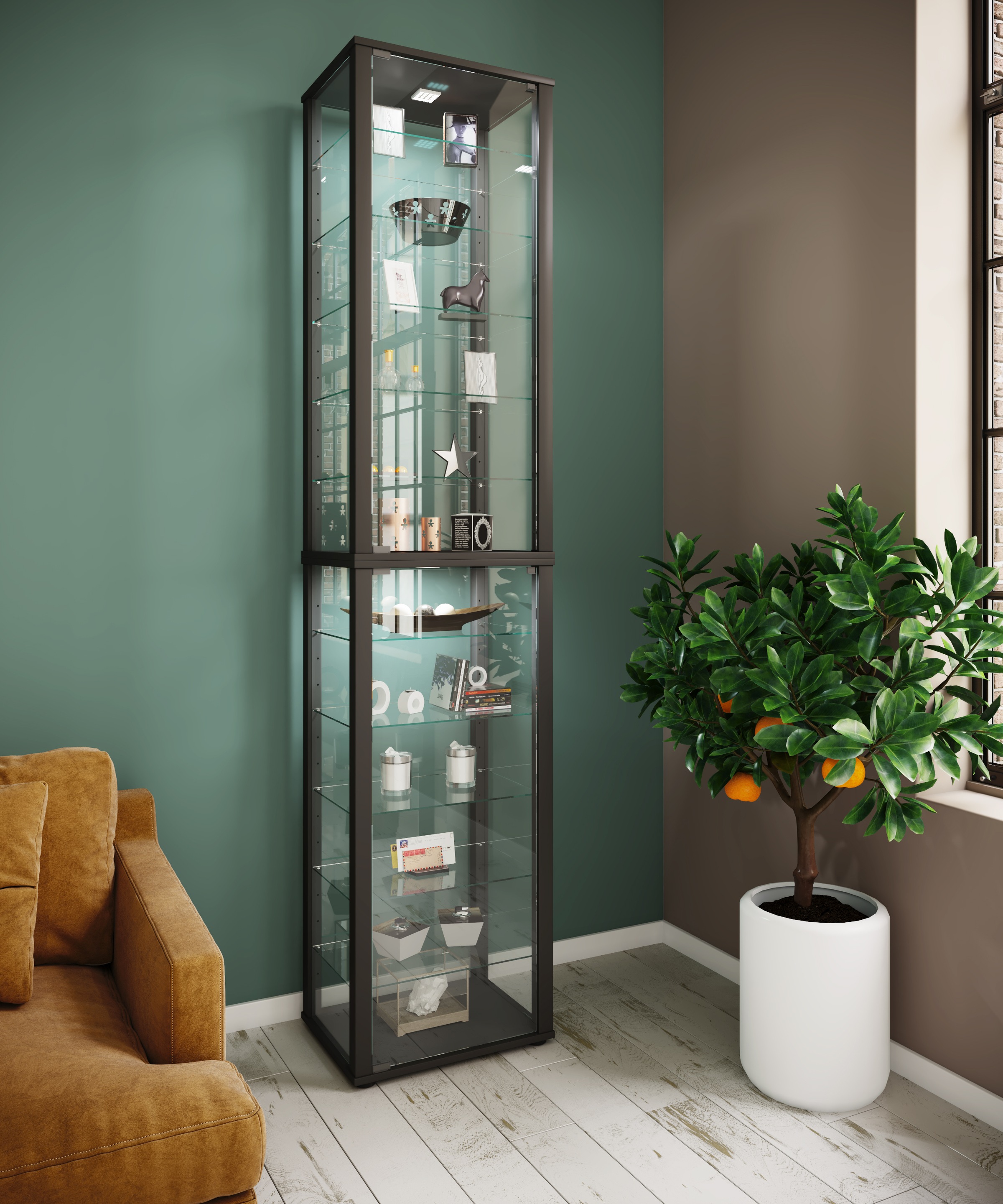 VCM Vitrine »VCM Glasvitrine stehend | Vitrine Glas mit ESG-Sicherheitsglas | Maße ca. H. 227 x B. 50 x T. 38 cm | Standvitrine Glas | Modern und platzsparend | Glas Vitrinenschrank ¿ Kavisa XXL« 1 Stk. tlg.