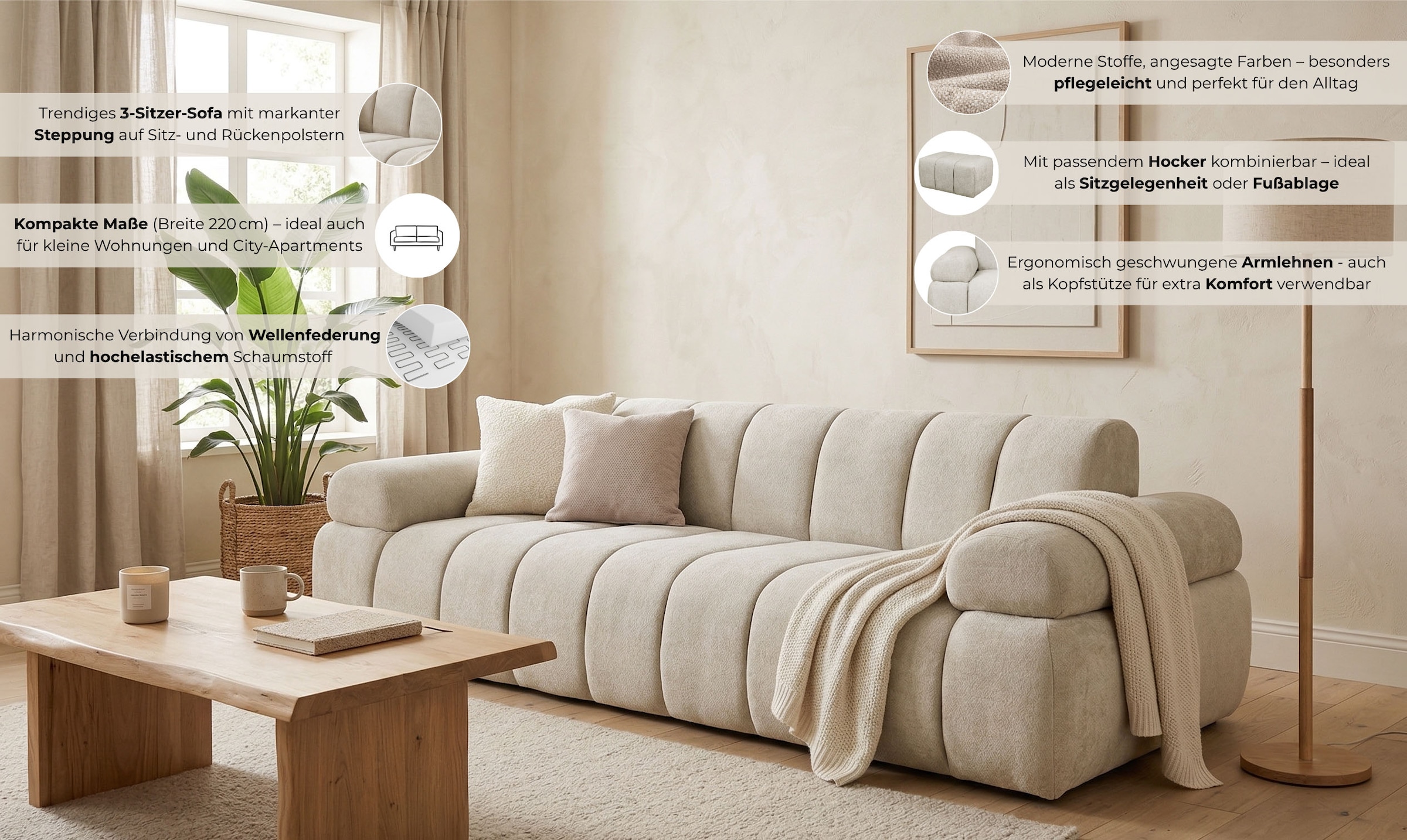 Home affaire 3-Sitzer »LYOTH Design-Sofa, moderne Steppung, Breite 220 cm« mit Wellenunterfederung, gemütlich und modern, komfortables Sitzgefühl