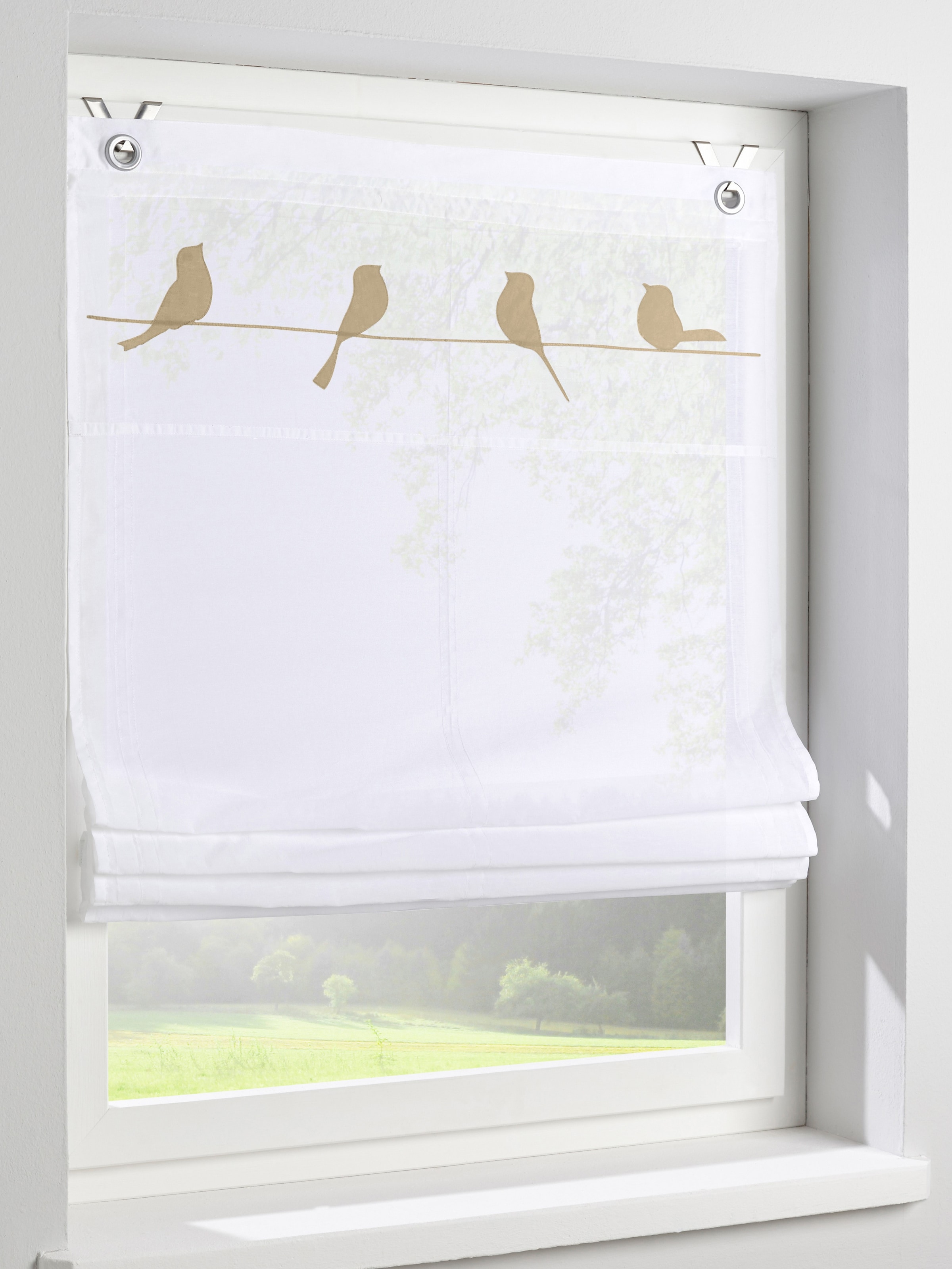 Kutti Raffrollo »Gravelot« mit Hakenaufhängung ohne Bohren freihängend Applikationen mit niedlichen Vögeln in weiß