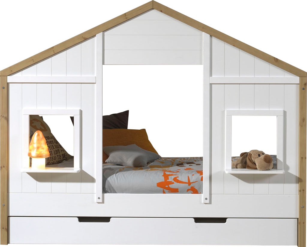 Vipack Hausbett »Babs, mit Dachaufbau, Fenstern, Made in Europe, originelle Optik«, (B/H/T ca. 210x170x97cm, Weiß/Oak lackiert, seitlich nach hinten offen), inklusive Rolllattenrost und wahlweise mit Bettschublade
