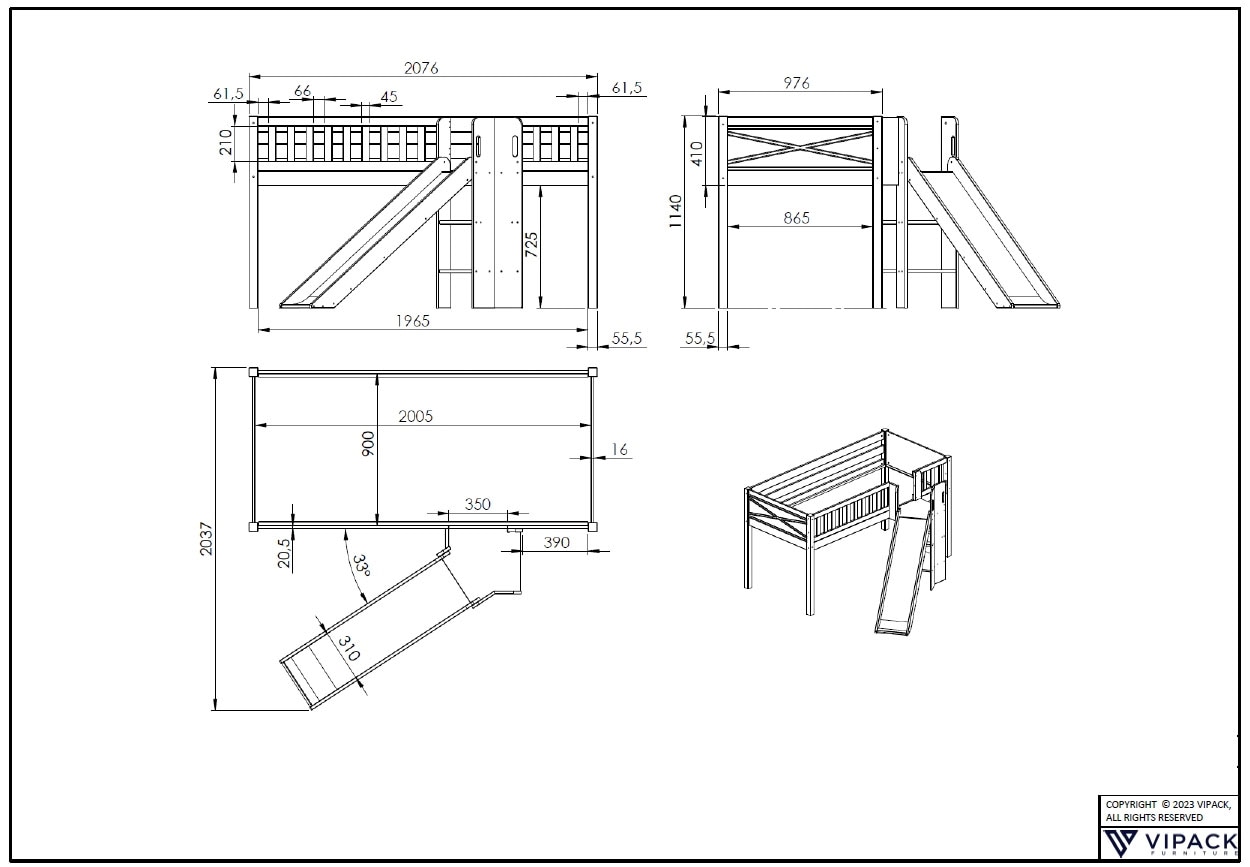 Vipack Hochbett »Scott, Spielbett, Kiefer massiv weiß lackiert, mit Rolllattenrost«, (B/H/T ca. 207,6x114x203,7cm, Kopf-/Fußteil mit Fräsung, stabil gebaut), mit Rutsch-/Leiterturm, LF 90x200 cm, inkl. Vorhang, 7 Designs