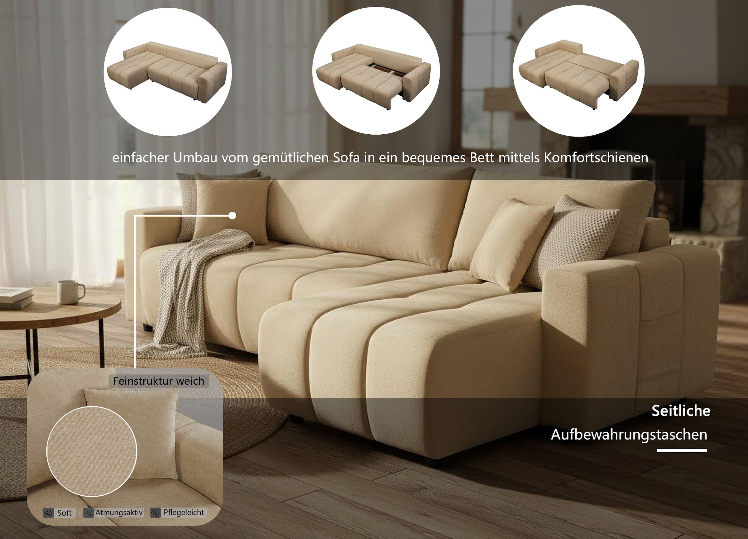 OTTO home Ecksofa »YLVAA L-Form, 241 cm/Schlafsofa (132/200)-OTTO. Verlässliche Qualität« Bettkasten, Tonnentaschen-Federkern, Feinstruktur weich
