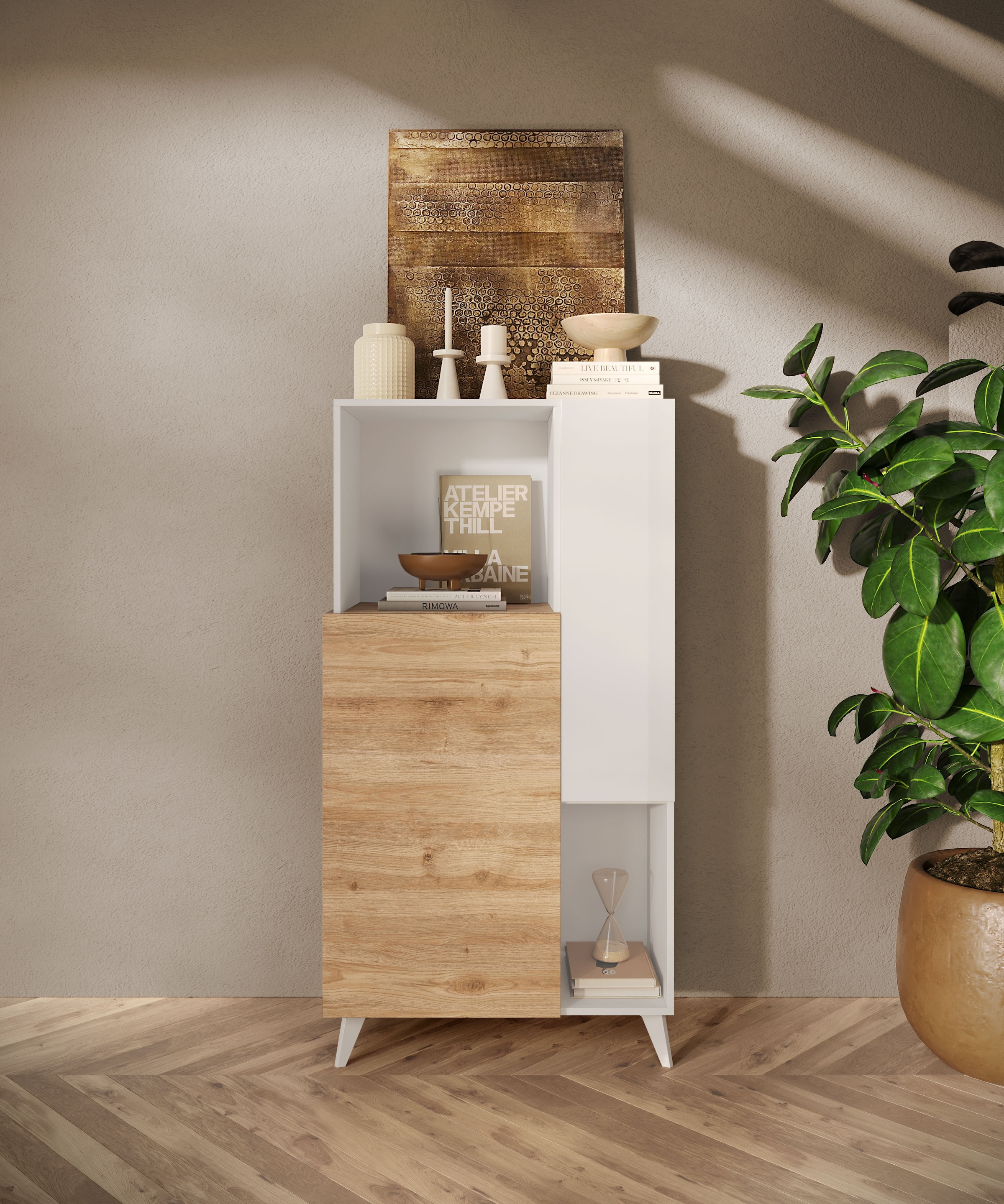 INOSIGN Highboard »Monaco Höhe 154 cm, Stauraumschrank mit 2 Türen (4 Fächer) und 2 offen«, Hohe, schmale Kommode – sanftes Schließen, edles Design, viel Platz