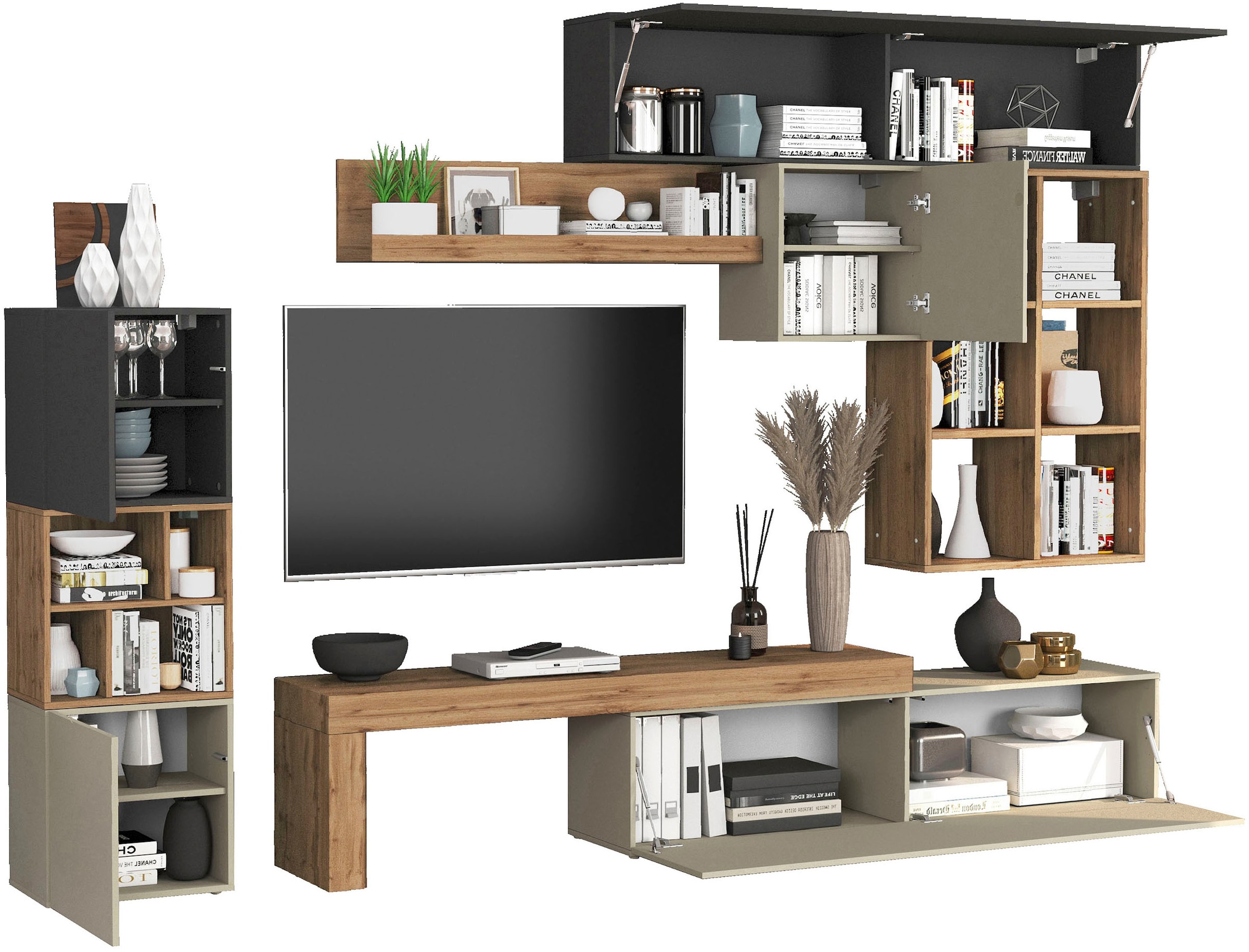 INOSIGN Wohnwand »Chronos Wohnwand, Medienwand, 8-er set«, (Set, 8 St.), ca. 320 cm mit Hängeschränke, Würfel, Regal, Lowboard, Made in Italy