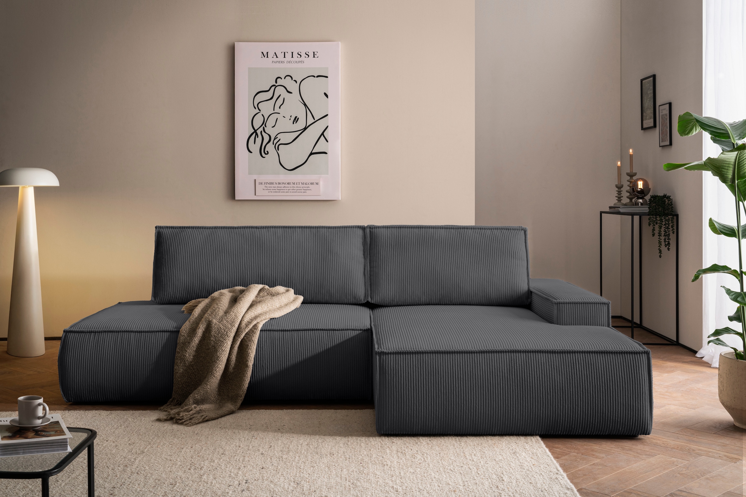 Home affaire Ecksofa »SHERWOOD,  Schlafsofa in L-Form offen (275cm), Cord, Leinenoptik« Schlaffunktion und Bettkasten, Kedernaht, hoher Sitz- & Liegekomfort,
