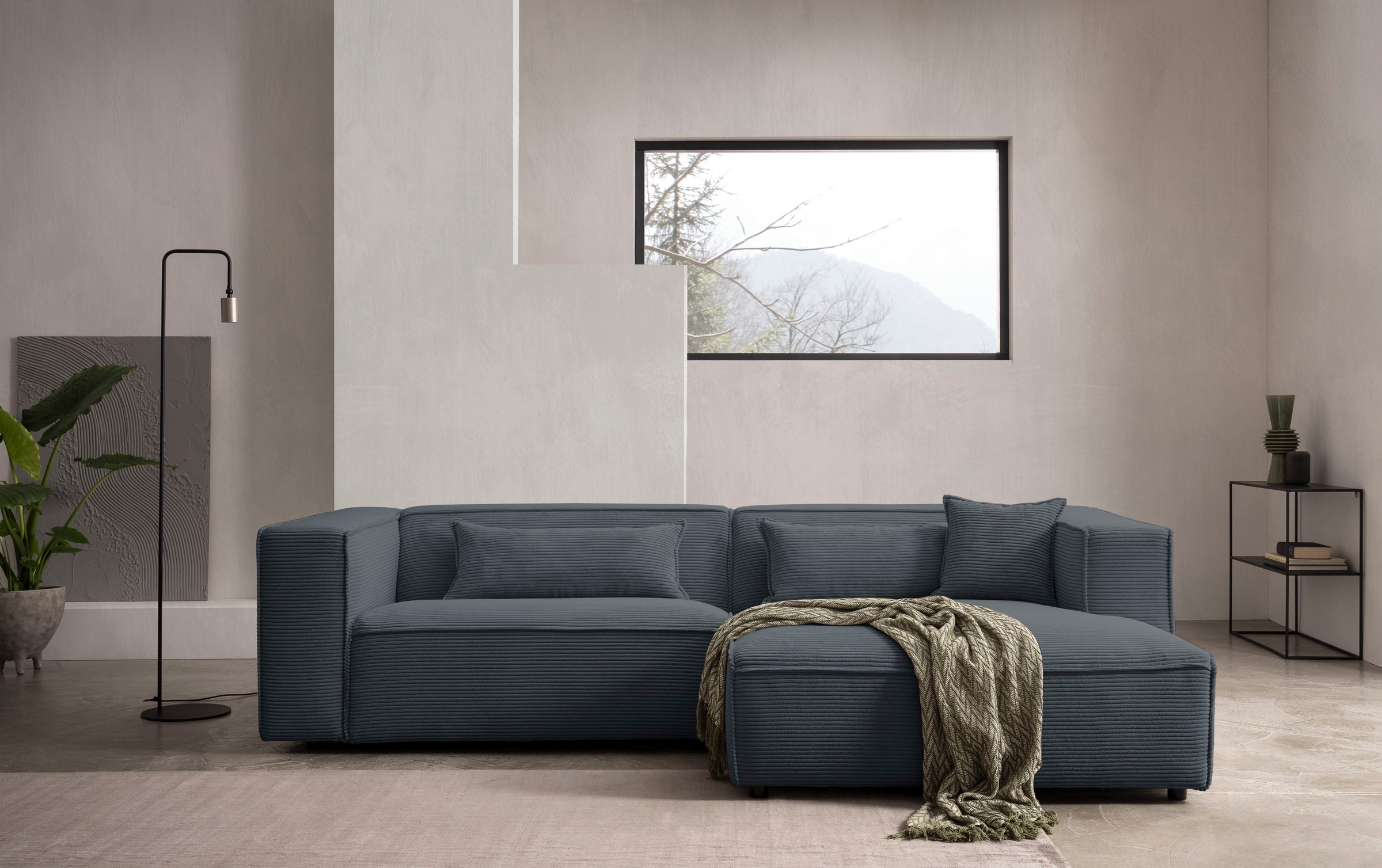 LeGer Home by Lena Gercke Ecksofa »PIARA mit Kedernaht in Cord oder Leinenoptik, moderne Couch in L-Form«, wahlweise Ottomane rechts/links, schwarze Füße, bequemer Sitzkomfort