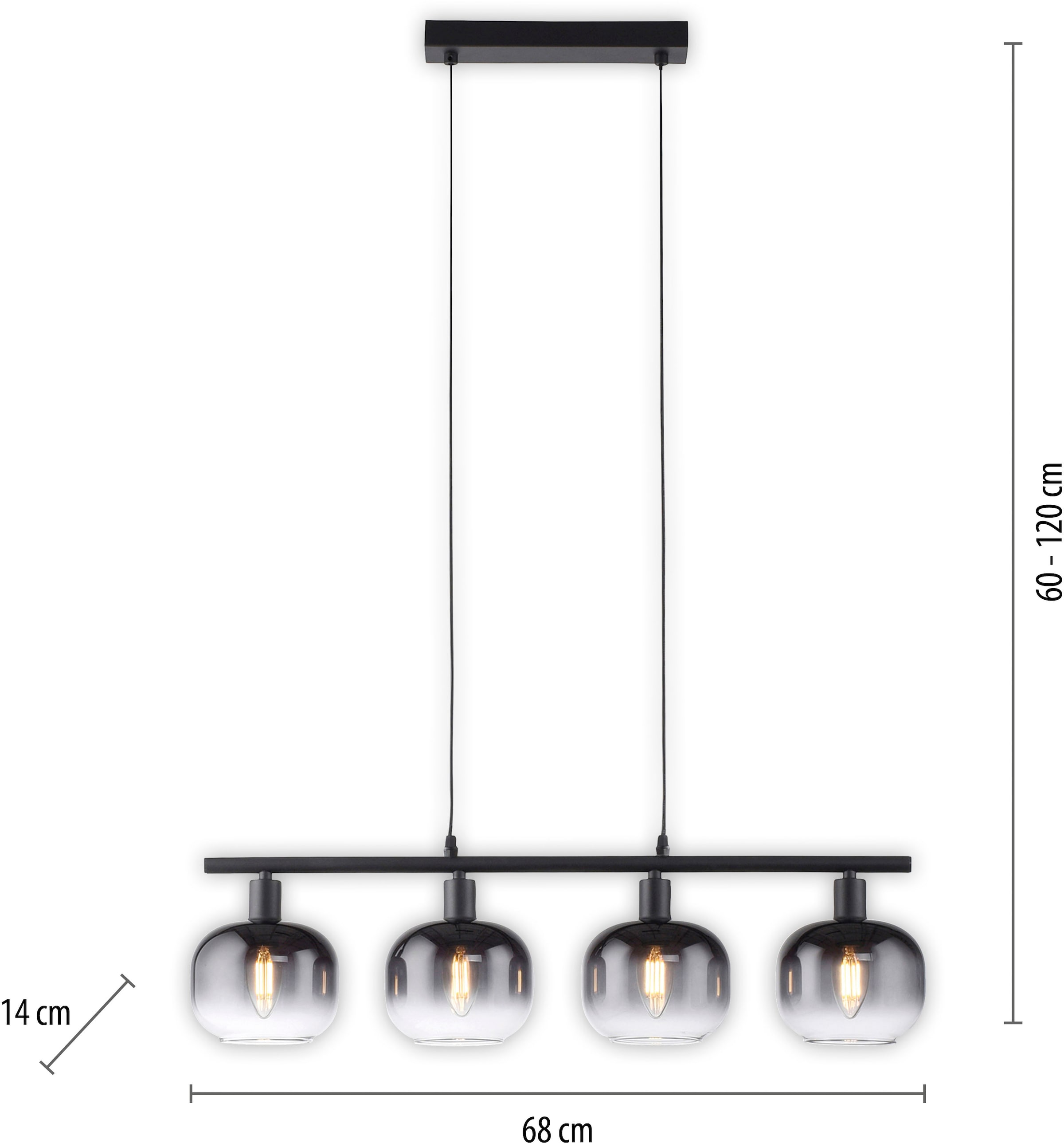 JUST LIGHT Pendelleuchte »ZEA, mit Rauchgläsern und schwarzem Finish«, 4 flammig, Leuchtmittel E14 | ohne Leuchtmittel, mit vier E14-Fassungen