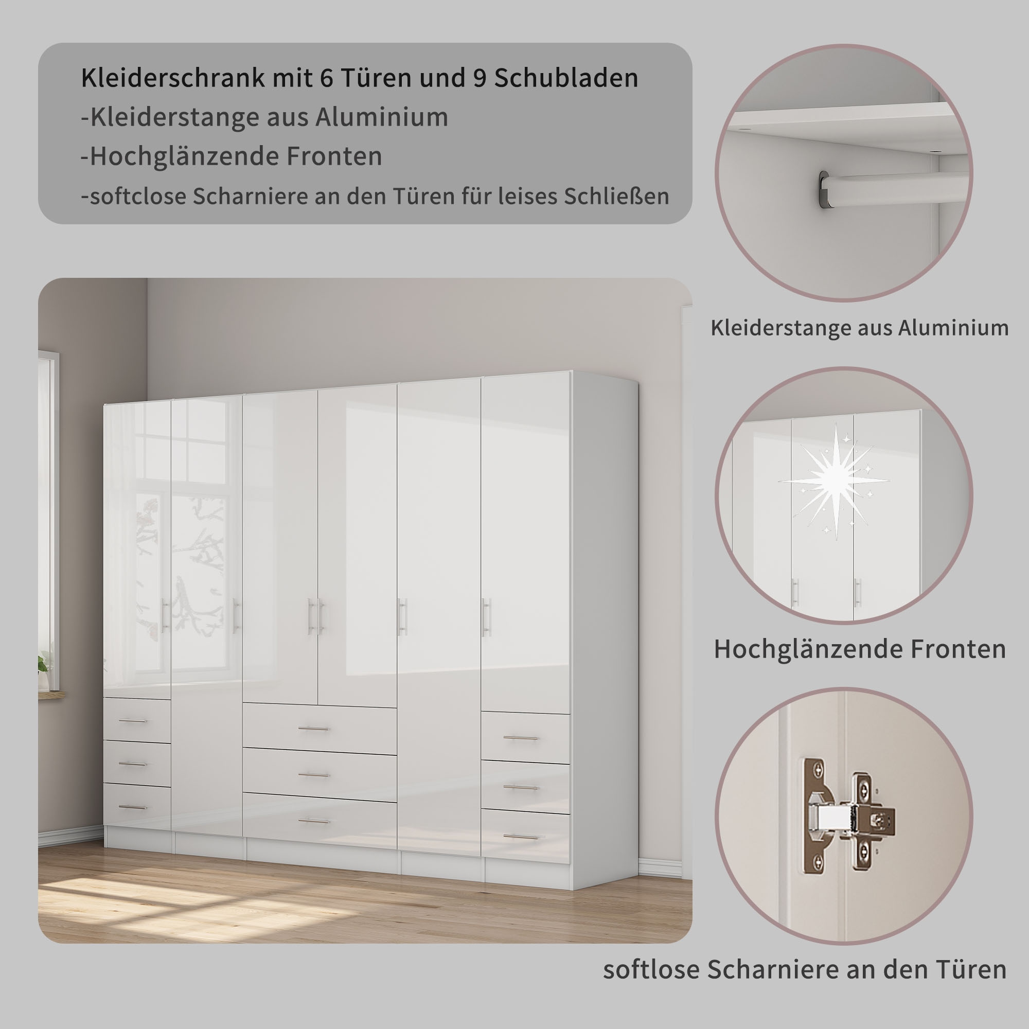 OTTO home Kleiderschrank »Trento Schlafzimmerschrank Garderobe Hochglanz Bestseller« Schrank mit 6 Türen und 9 Schubladen, höchglänzende Fronten