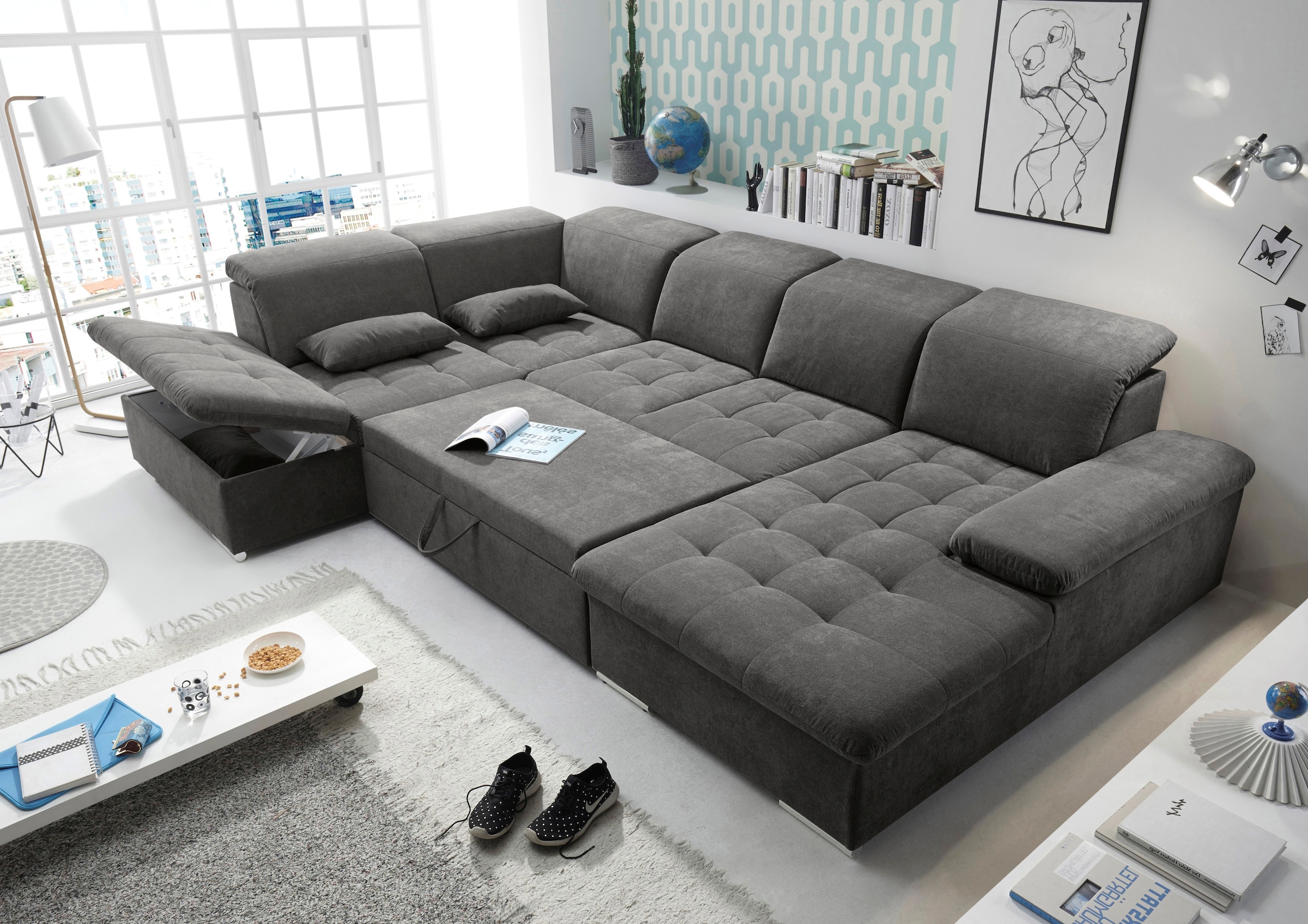 ED EXCITING DESIGN Wohnlandschaft Wayne, mit Bettfunktion, Bettkasten und Nierenkissen.  1 Armteil- und 5 Kopfteilverstellungen