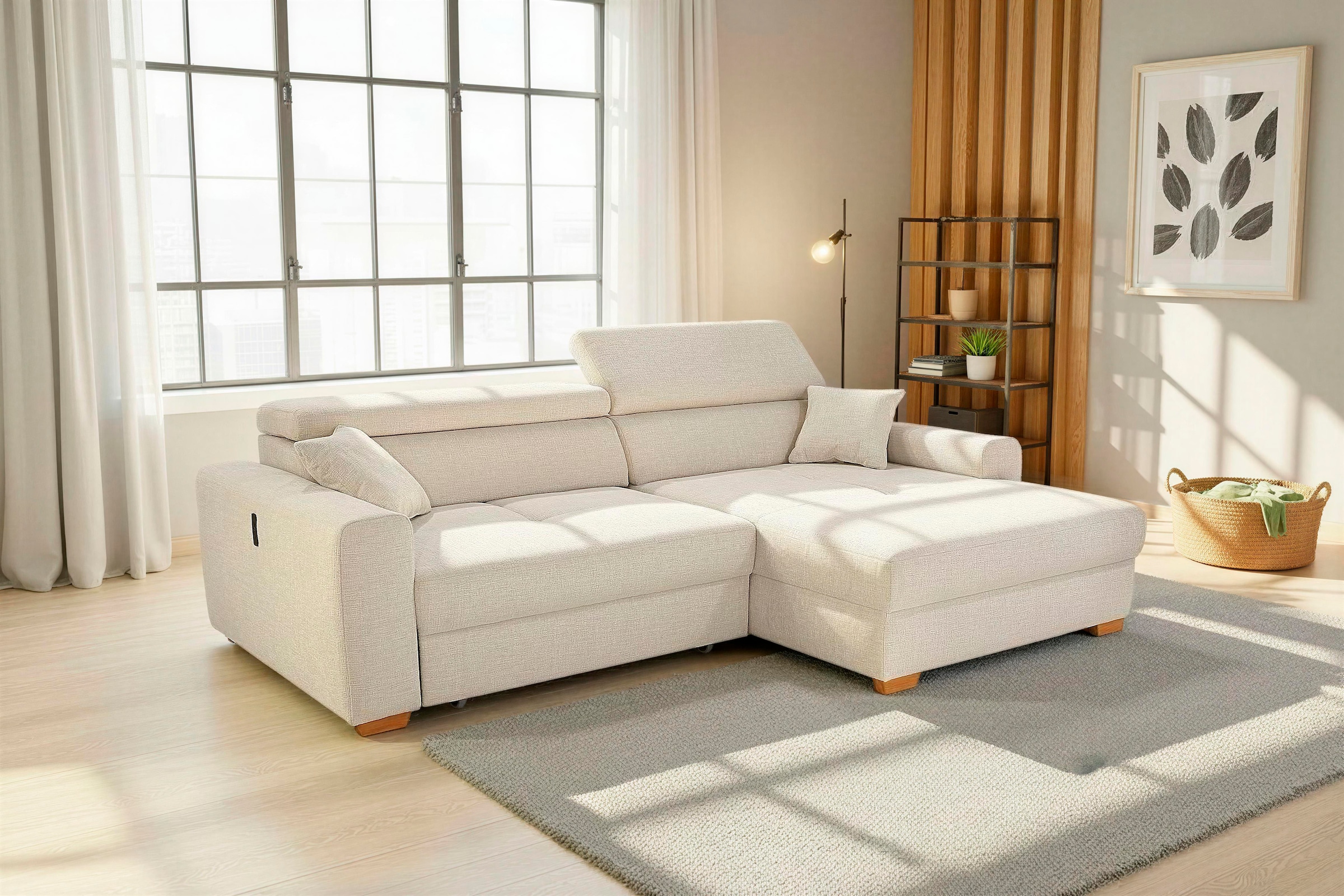 Jockenhöfer Gruppe Ecksofa »Slider L-Form, B: 277 cm Couch, 60cm elektrische Sitztiefenverstellung« 140kg Belastbarkeit, USB-Anschluss, Kopfteilverstellung & Zierkissen