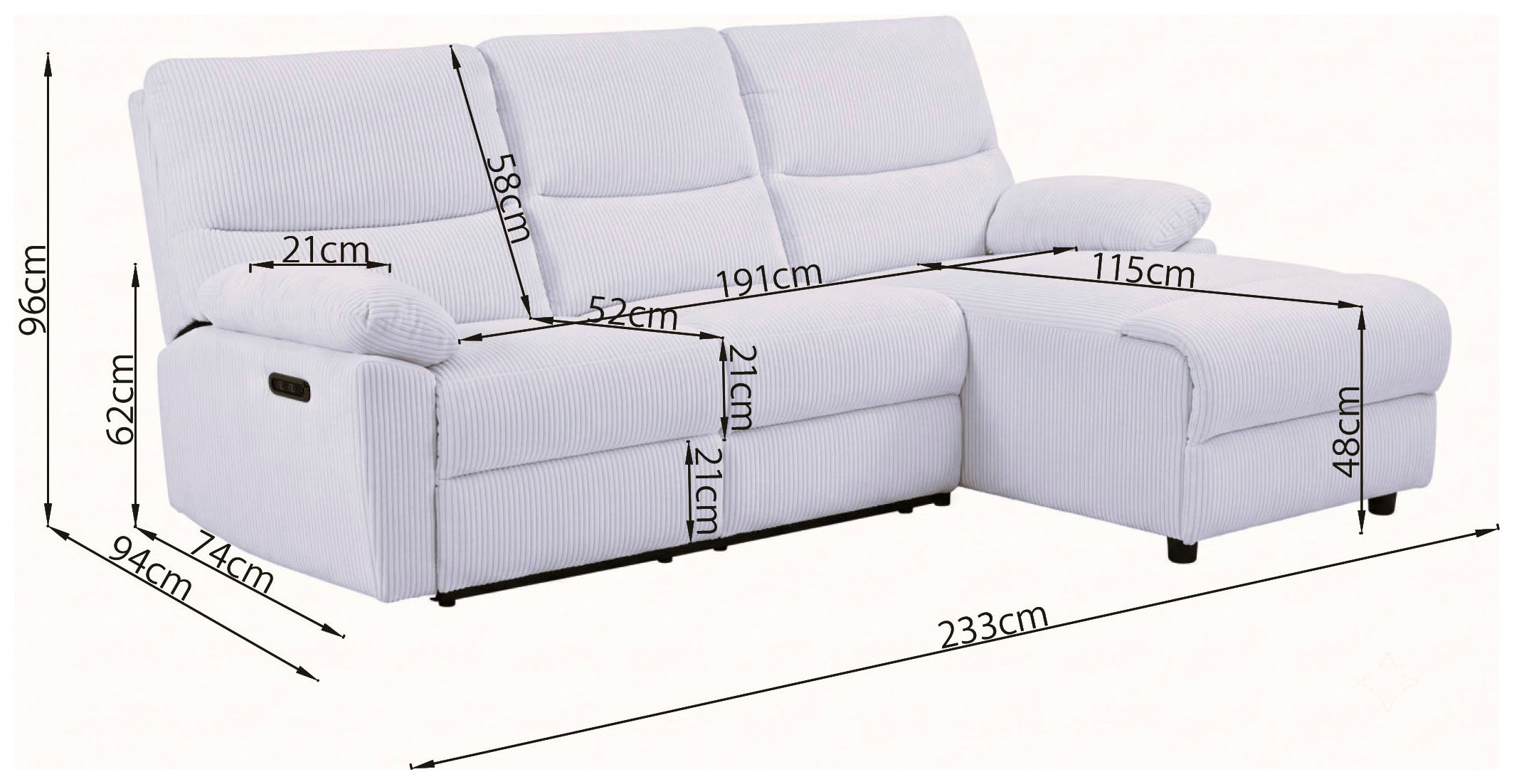 Home affaire Ecksofa »LANNOY, L-Form,  233cm, manuelle u. elektrische Funktion, mit USB A/C,« Liegefunktion 105°-150°, Federkern, Webstoff u. Cord-Bezug