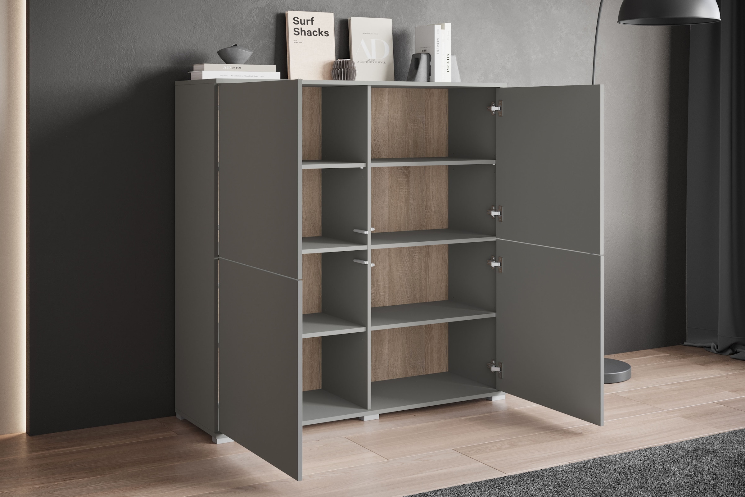 INOSIGN Highboard »Kenia, moderne grifflose Hochkommode mit 4 Türen, Breite 120 cm«, (1 St.), Push-to-Open-Fronten, höhenverstellbaren Einlegeböden