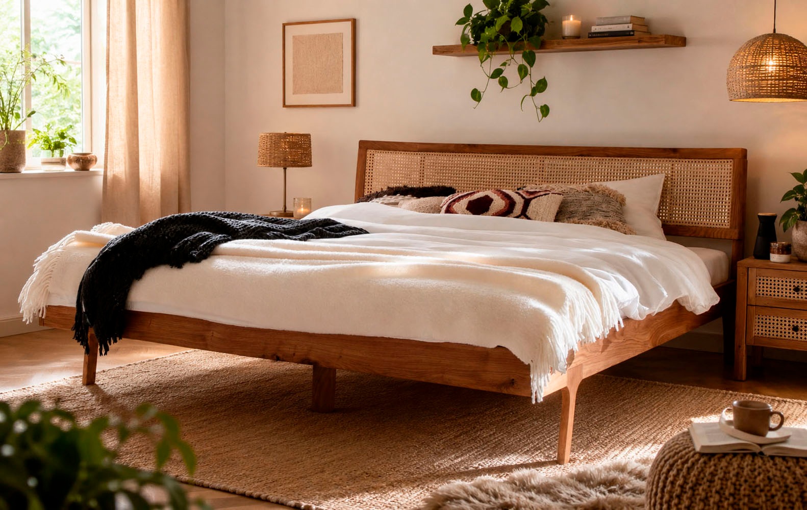 OTTO home Massivholzbett »Hällevik, Kopfteil höhenverstellbar, Eiche massiv, mit Wiener Geflecht« skandinavischer Stil, Made in EU, FSC®-zertifiziert, sehr stabil
