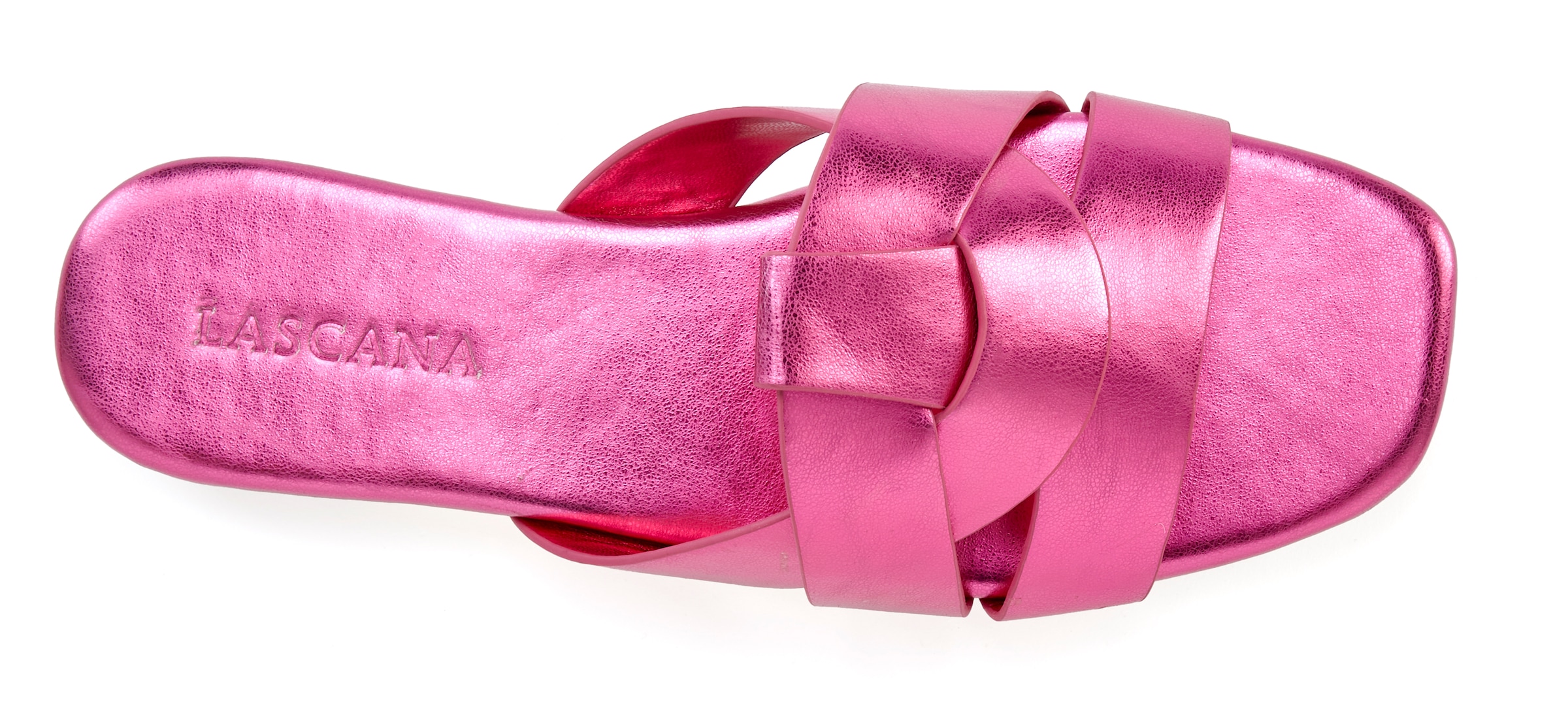LASCANA Pantolette »Mule, Sommerschuh, offener Schuh, Sandale«, im modischen Metallic Look mit raffinierten Riemchen VEGAN