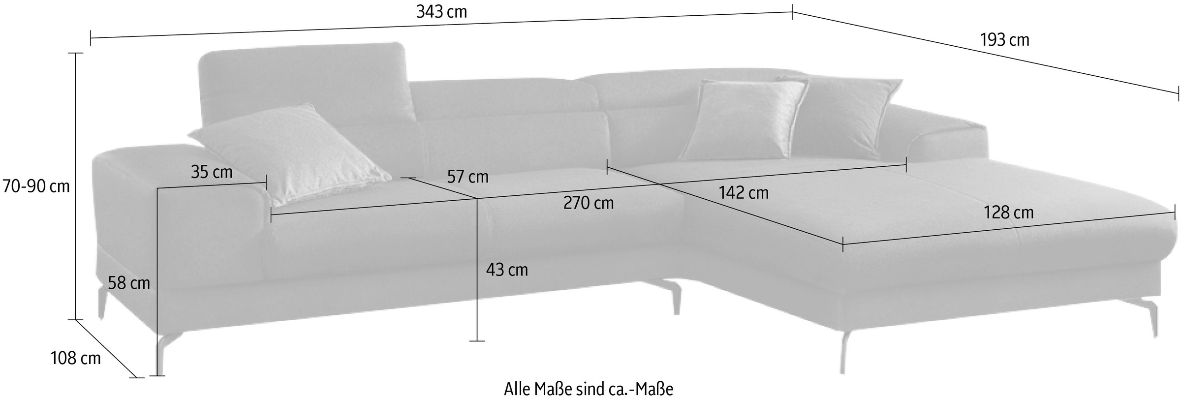 W.SCHILLIG Ecksofa »piedroo, Designsofa mit tollem Sitzkomfort, bequem und elegant, L-Form«, Kopfteilverstellung, wahlweise mit Sitztiefenverstellung, Breite 343cm