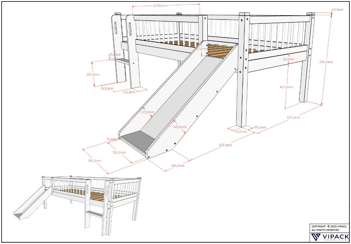 Vipack Massivholzbett »Forrest Massivholzbett Made in Europe, stabil und hochwertig gebaut« 90/200 cm, mit Rollrost, Leiter und Rutsche, seitenverkehrt montierbar,  inkl. umlaufenden Absturzschutz in Sprossenoptik, Eiche natur geölt