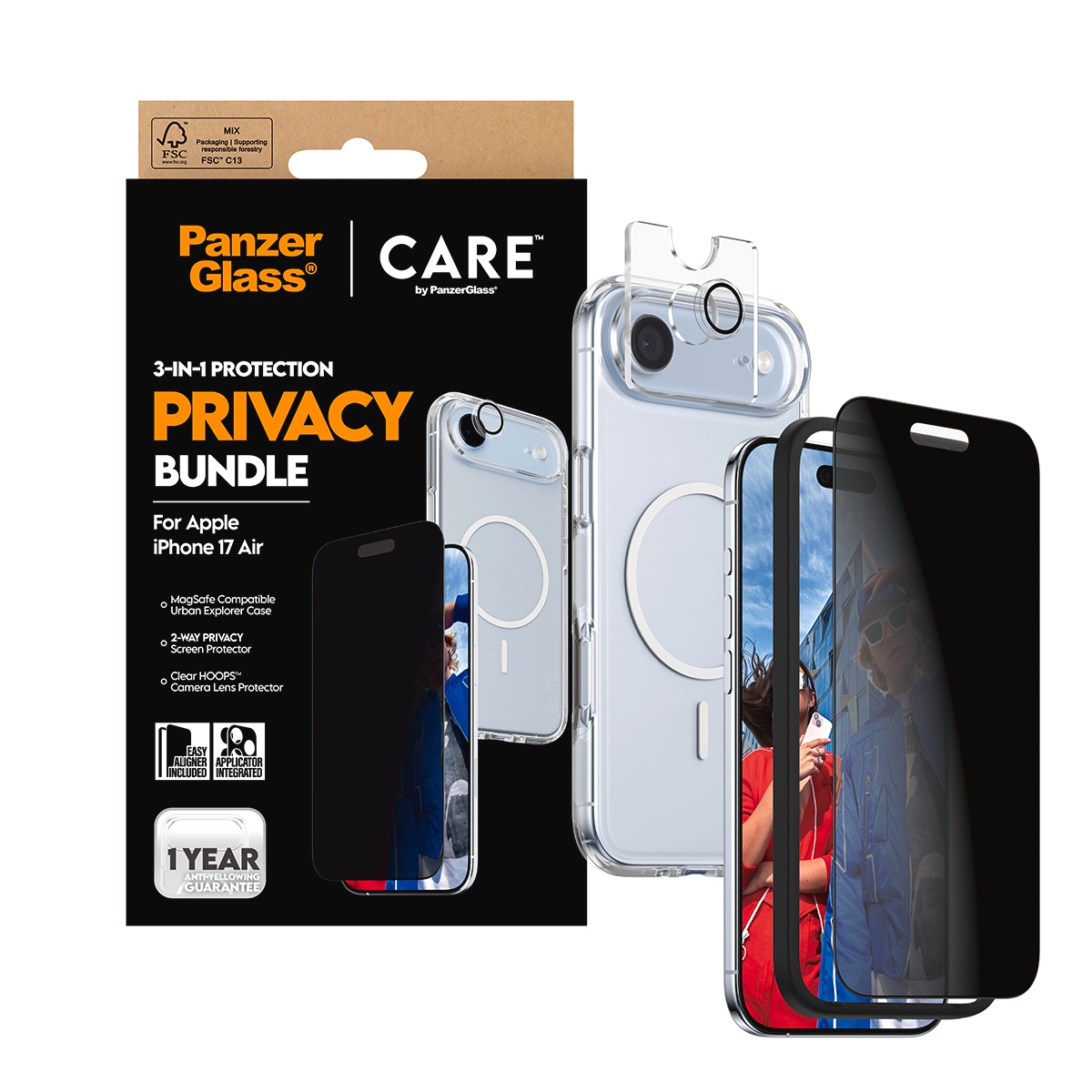 CARE by PanzerGlass Handyhülle »3-in-1 Flagship Privacy Bundle Apple iPhone 17 Air« Apple iPhone 17 Air Backcover, Schutzhülle, Handyschutzhülle, Case, Schutzcase, stoßfest